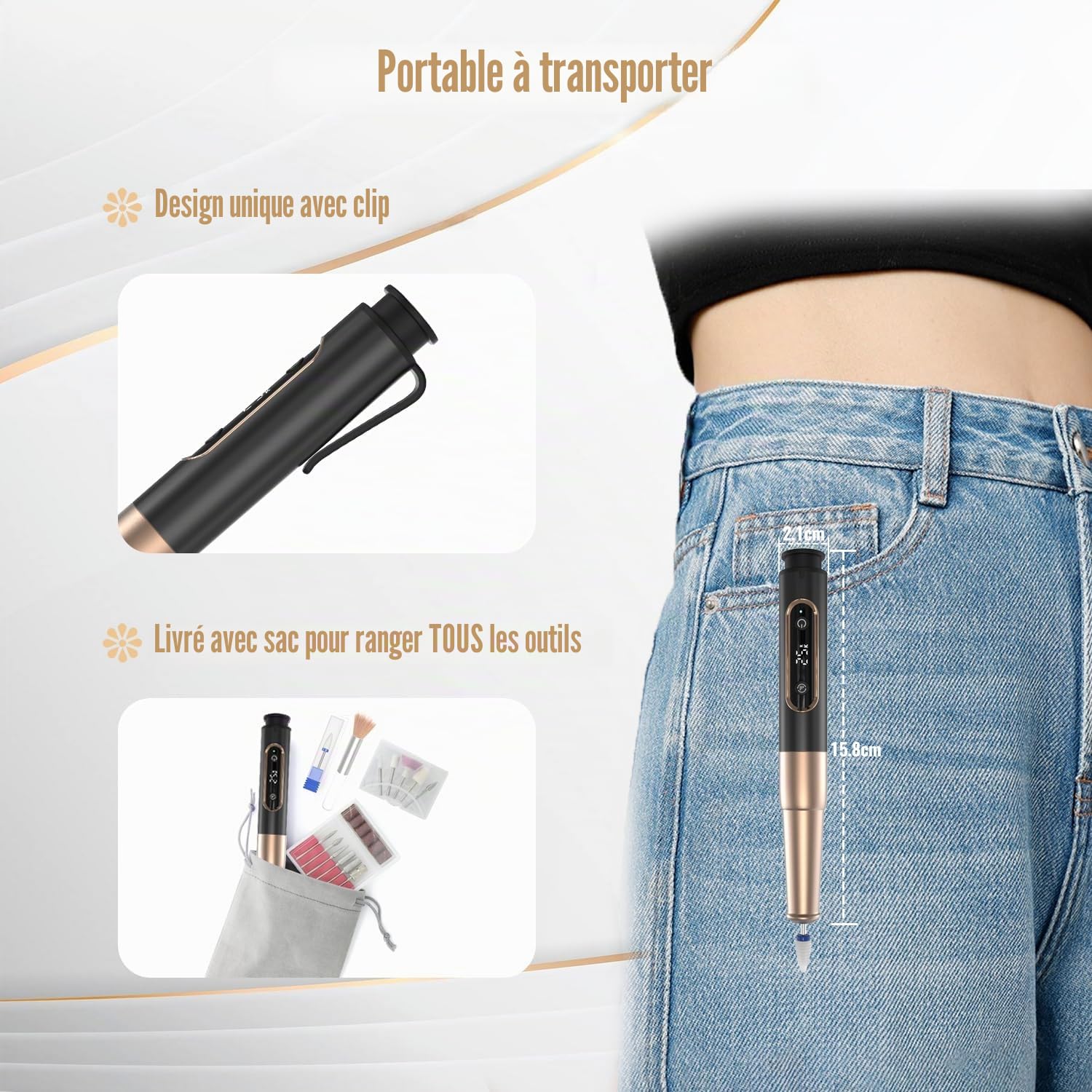 Ponceuse pour Ongles Sans Fil, 12 en 1 Lime a Ongle Electrique Professionnelle 25000 RPM Kit de Manucure Pédicure avec USB Rechargeable, Ponceuse à Ongles pour Gel Acrylique Ongle Noir