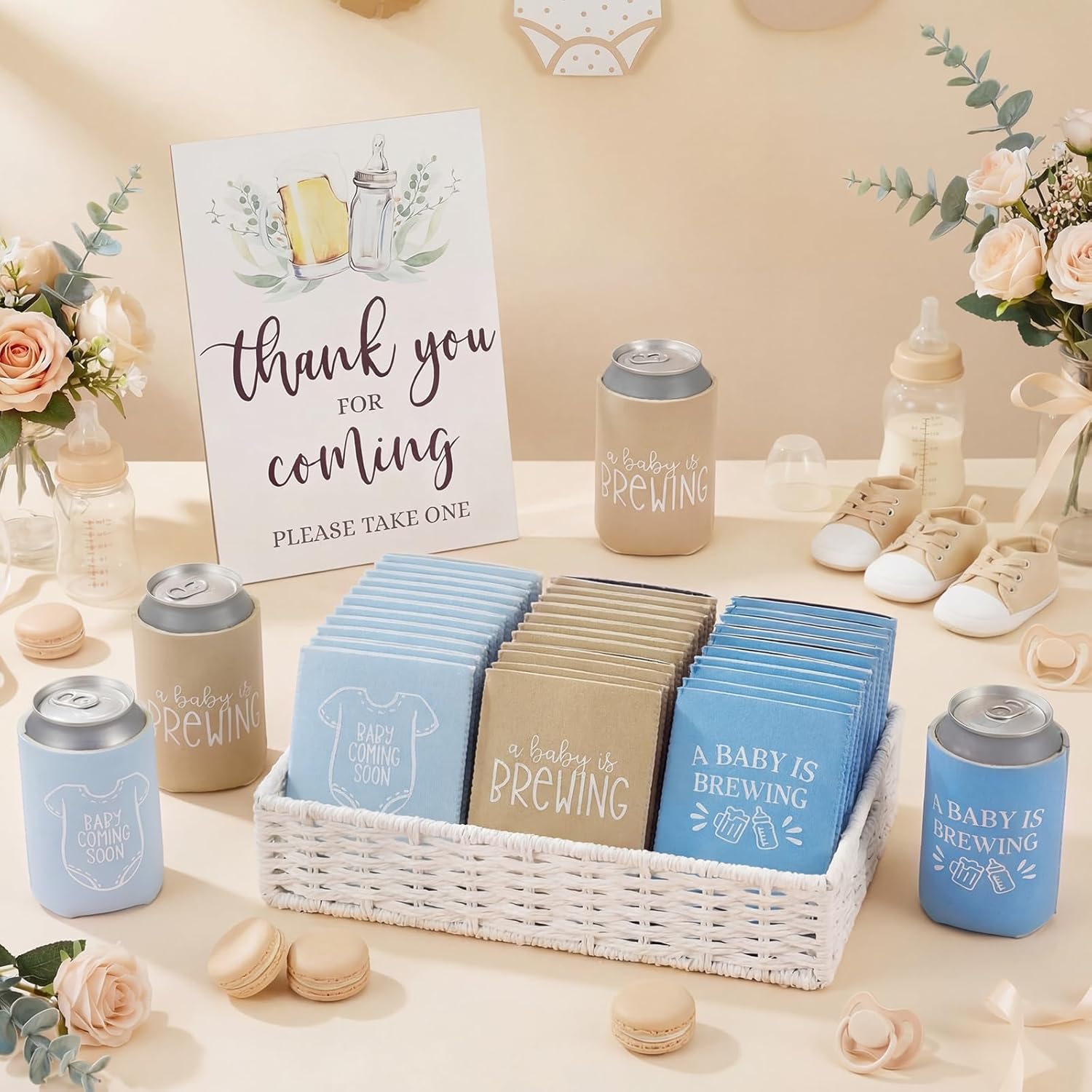SiliFine 37 Pcs A Baby is Brewing Baby Shower Party Favors Brewing Beer Can Coolers Sleeves Gender Reveal Decor with Wooden Sign for Gender Reveal Party Favors (Lively,Classic)