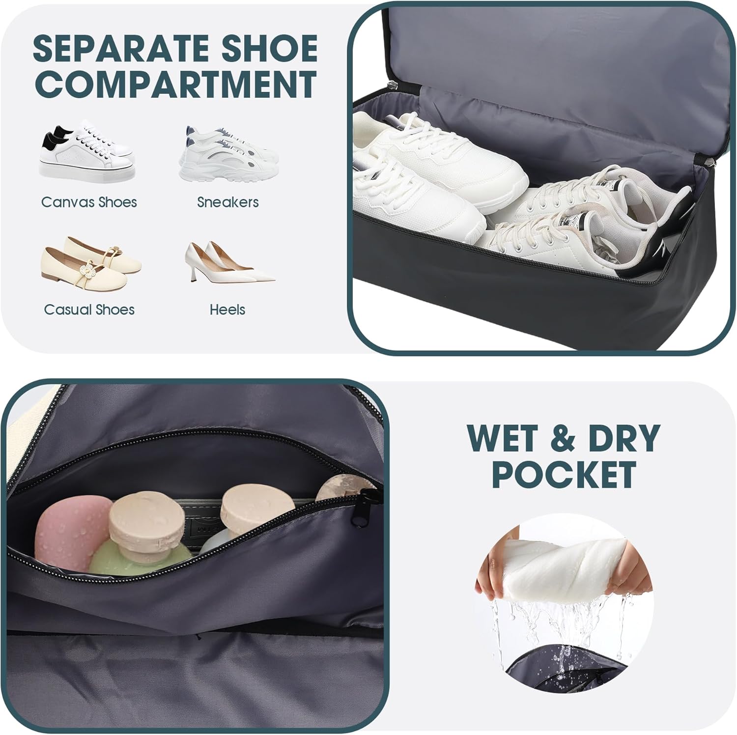 Oeihuivt Weekender Bags for Women - 21 Inch Large Travel Duffel Bag 2-Piece Set with Shoe Compartment, Heavy-Duty Canvas Leather Carry On Overnight Tote - Image 4