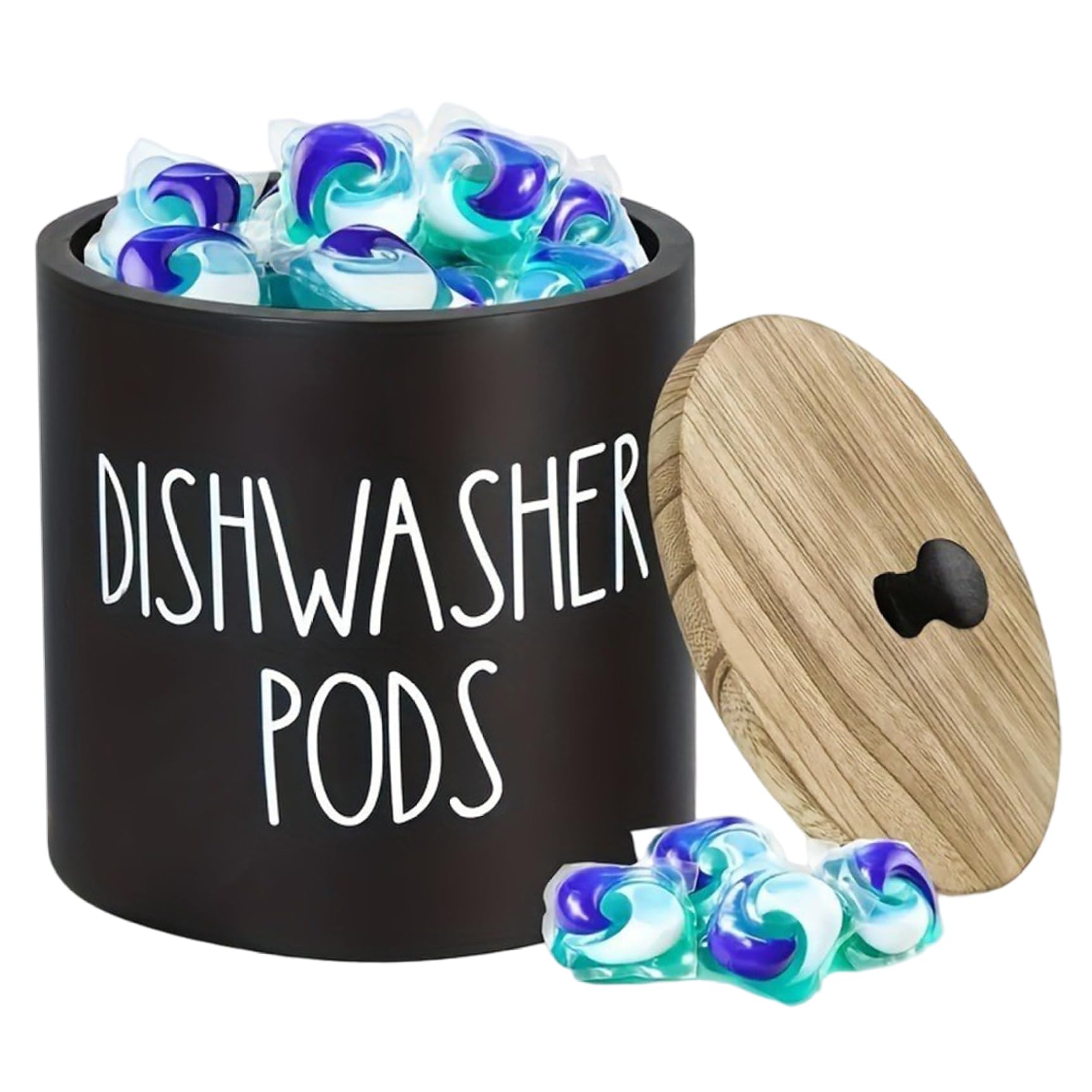 Monetais Black Laundry Pods Container 5.1X4.7in Wooden Dishwasher/Laundry Pod Holder With Lid Smooth Minimalist Storage Container For Kitchen, Bathroom