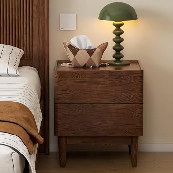 100% Solid Wood Nightstand, Mid Century Modern Nightstands with Drawers, Wooden Night Stand for Bedroom, Small Bedside Table for Low BedWalnut Finish, Solid Oak Wood