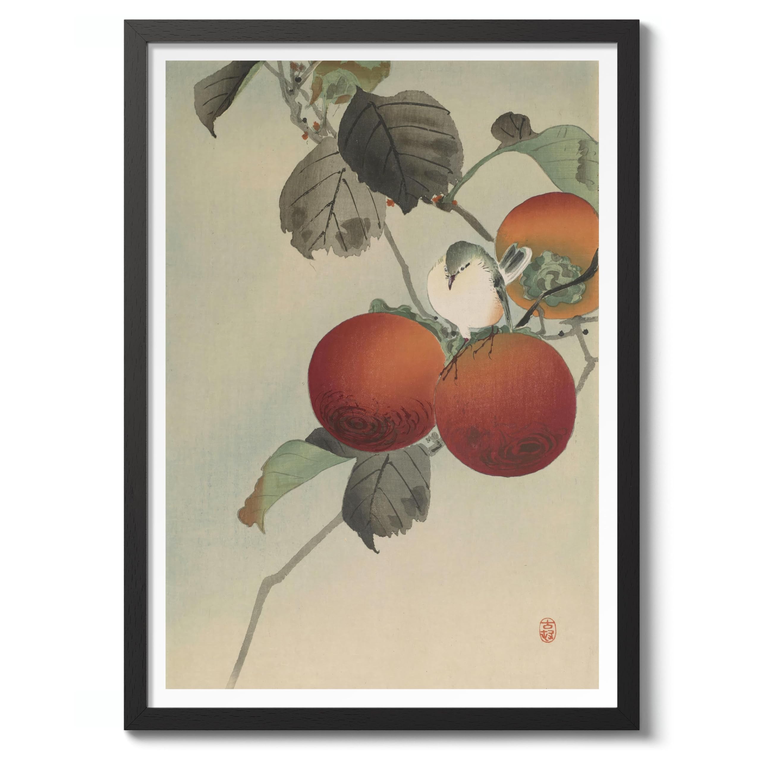 Nuthatcher Atop Persimmons Ohara Koson Poster, Japanese Woodblock Ukiyo-E Print, Vintage Bird Art Picture Animal Painting Wall Art Exhibition, Japan Birds Home Decor, A3 (Black Frame) - 45x32.8cm
