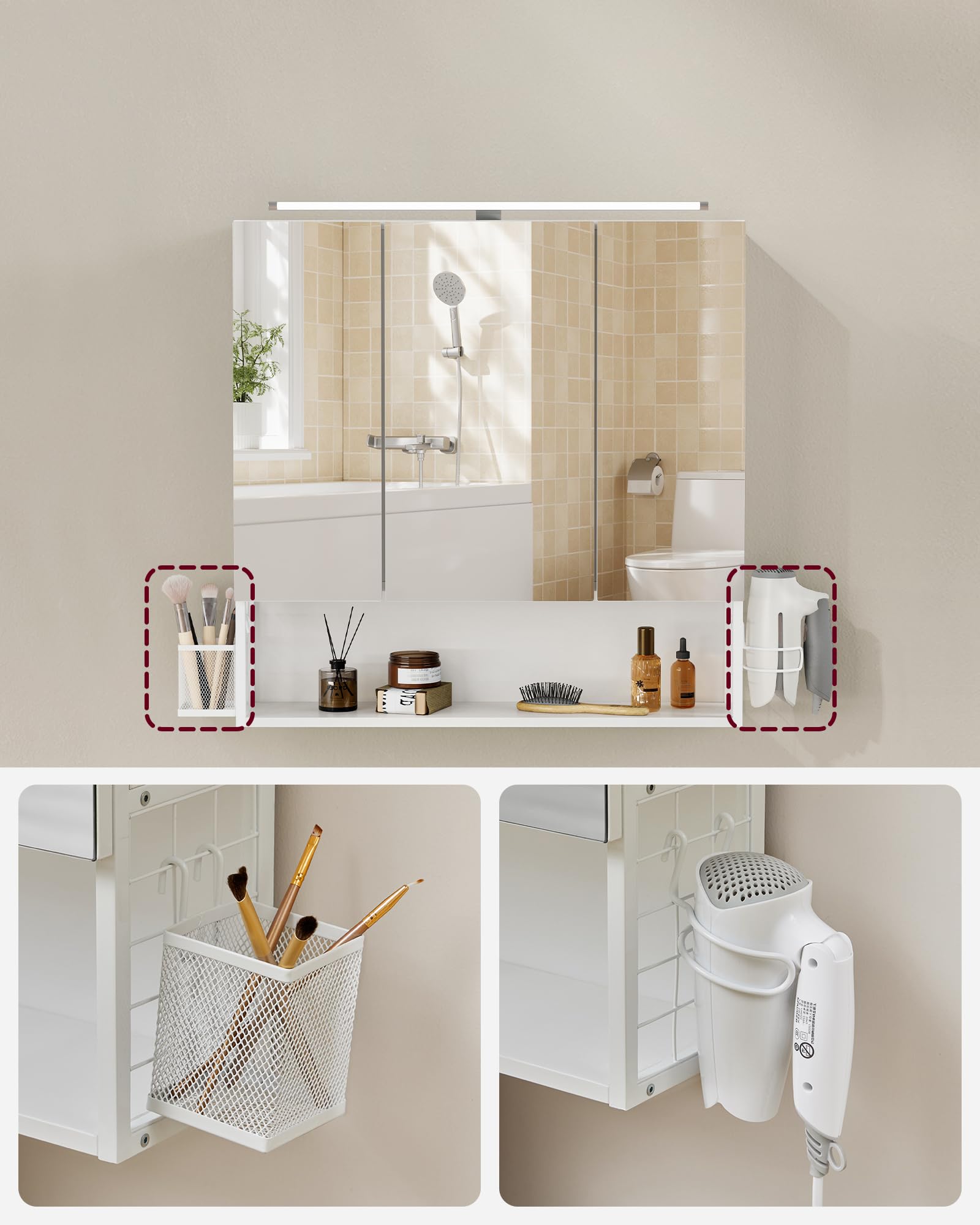 VASAGLE Armadietto da Bagno con Luce LED, 14,5 x 70 x 70 cm, Spina, Cestino Pensile, Porta Asciugacapelli, Mobile a Parete con Specchio, Bianco Nuvola BBK124W14
