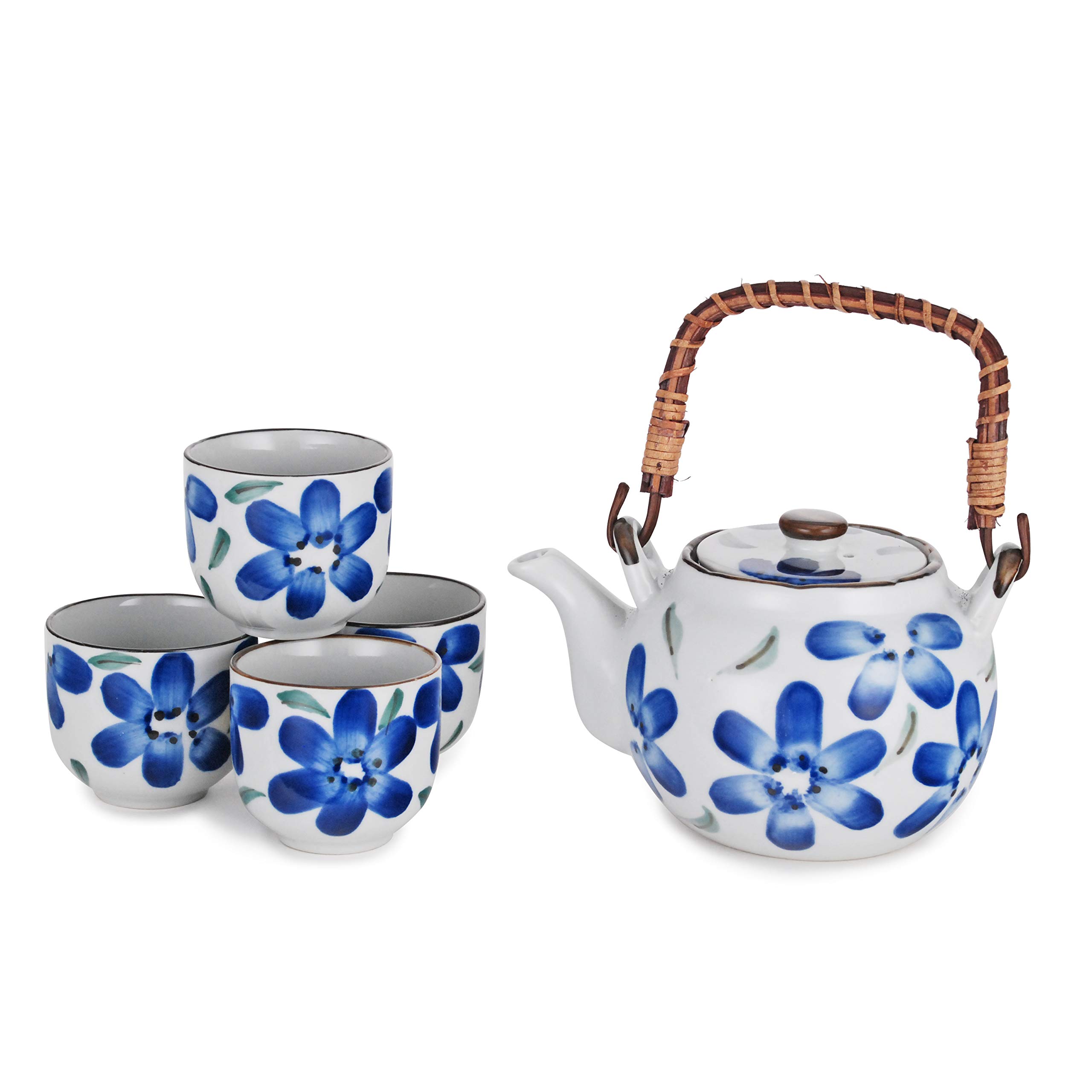Fuji Merchandise Corp Japanese Style Tea Set Porcelain Tea Pot 22 Fl Oz with Strainer and 4 Cups Set Blue Flower Design