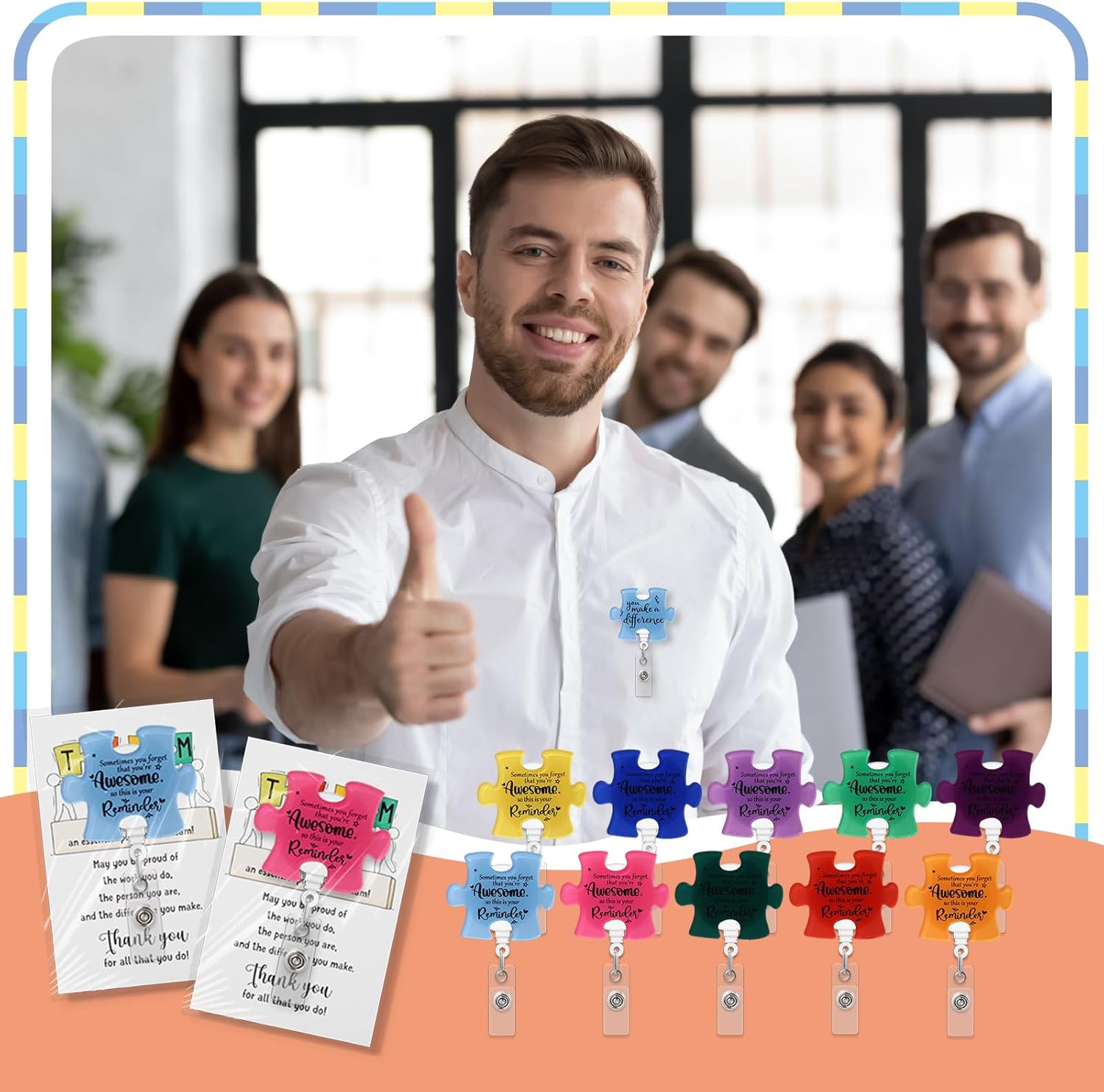 ReliThick 36 Set Employee Appreciation Gifts Bulk, Puzzle Badge Reel Set with Thank You Cards, Retractable ID Badge Holder for Nurse Teacher Staff Team Office Hospital School (Awesome Remider)