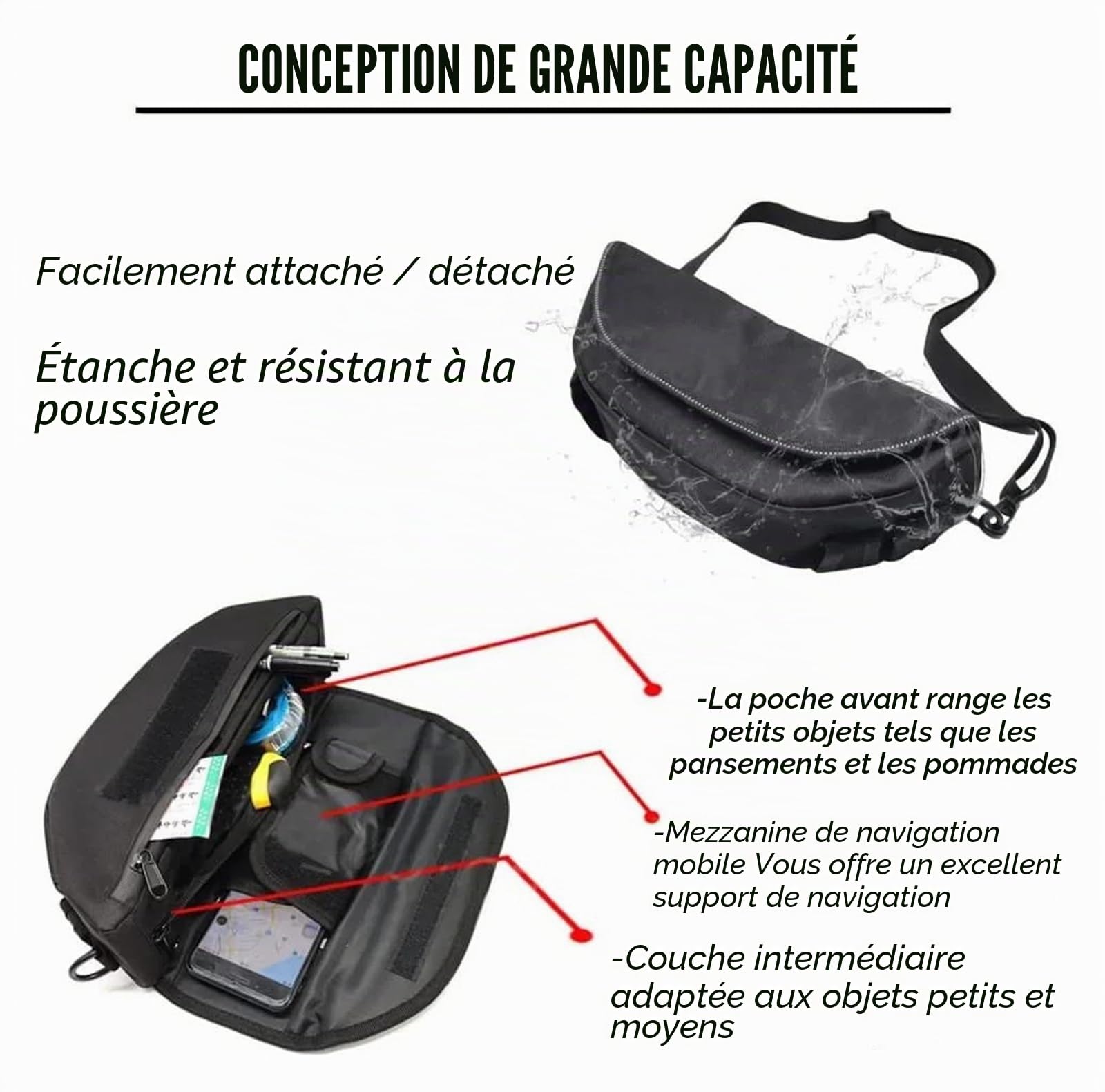 Sac Guidon Moto Sac De Rangement pour Guidon, Accessoire De Moto pour CFMOTO 800MT 800 MT, Sac De Rangement Étanche Et Anti-poussière, Sac De Navigation(Black NO Logo)