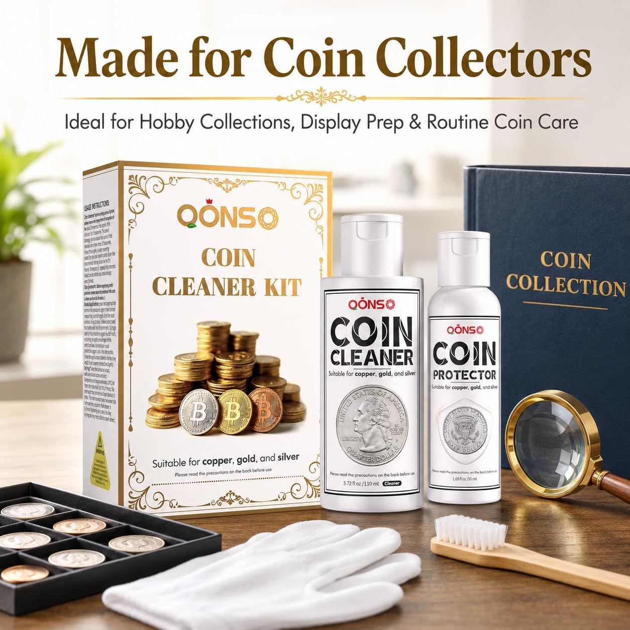 Coin Cleaner for Collectors, Coin Cleaning Solution Kit for Gold,Silver,Copper,Vintage & Collectible Coins, Gentle Coin Cleaner Supplies for Removing Dirt, Stains & Oxidation
