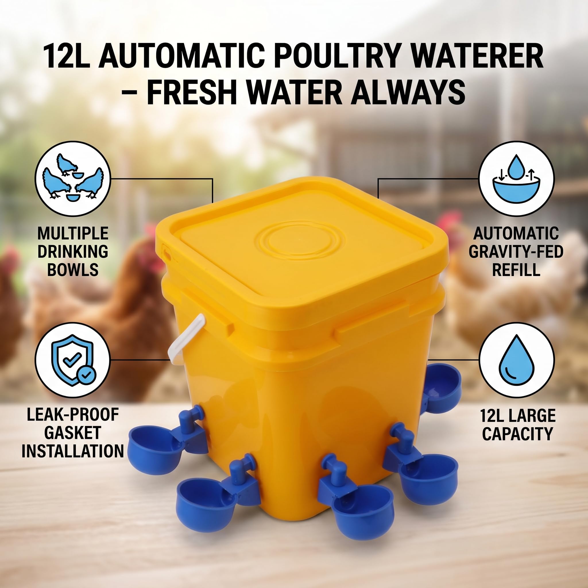 Abreuvoir Automatique de Poulet 12L - Baril Mangeoire et Abreuvoir pour Volaille - Fournitures pour Petite Poule (Seau + Bol Oiseau Bleu + Vis Noires)