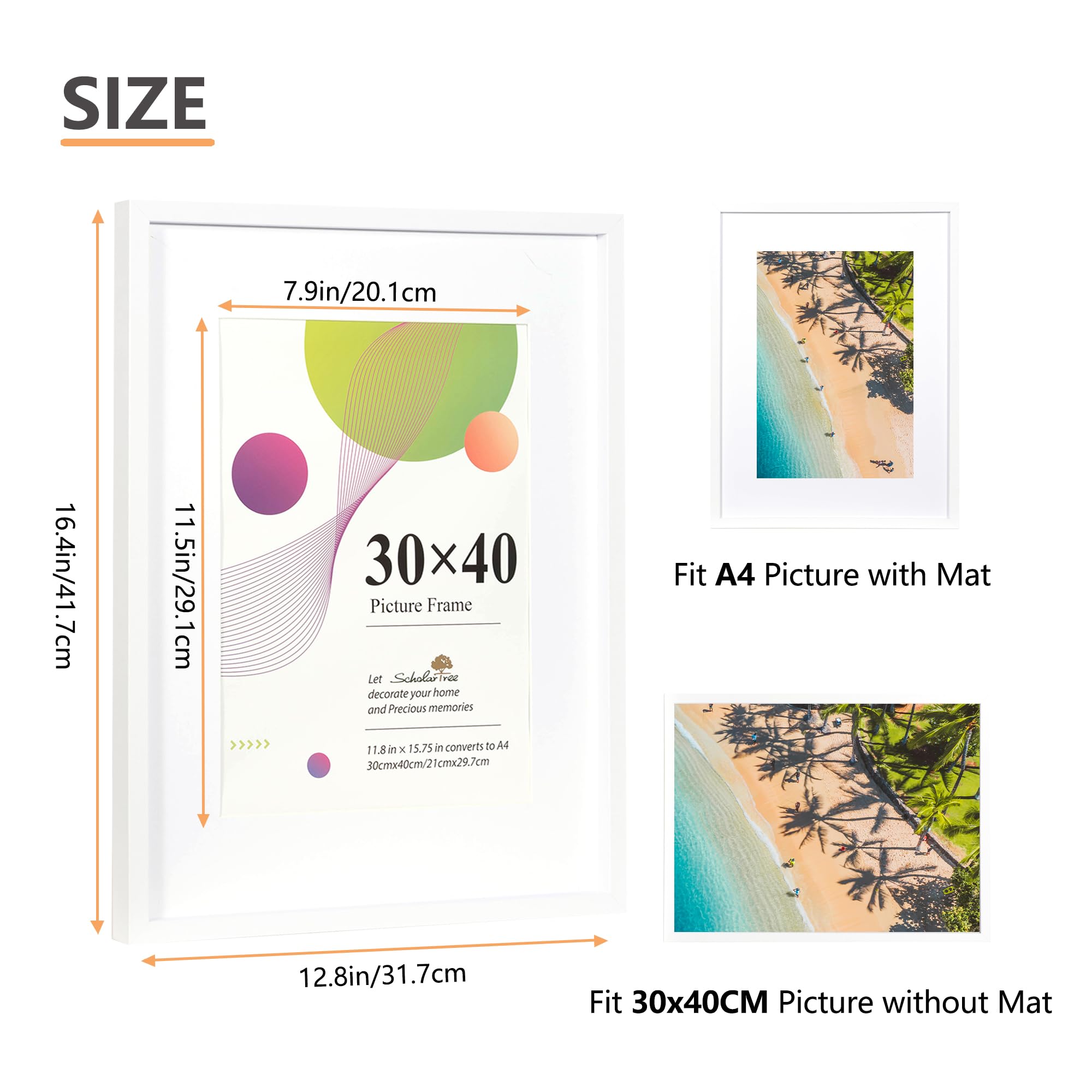 Scholar Tree 30x40 Picture Frame-1 Pack White,12x16 picture frame, Wooden Photo Frames with A4 Mount,with Wall Hanging - Image 3
