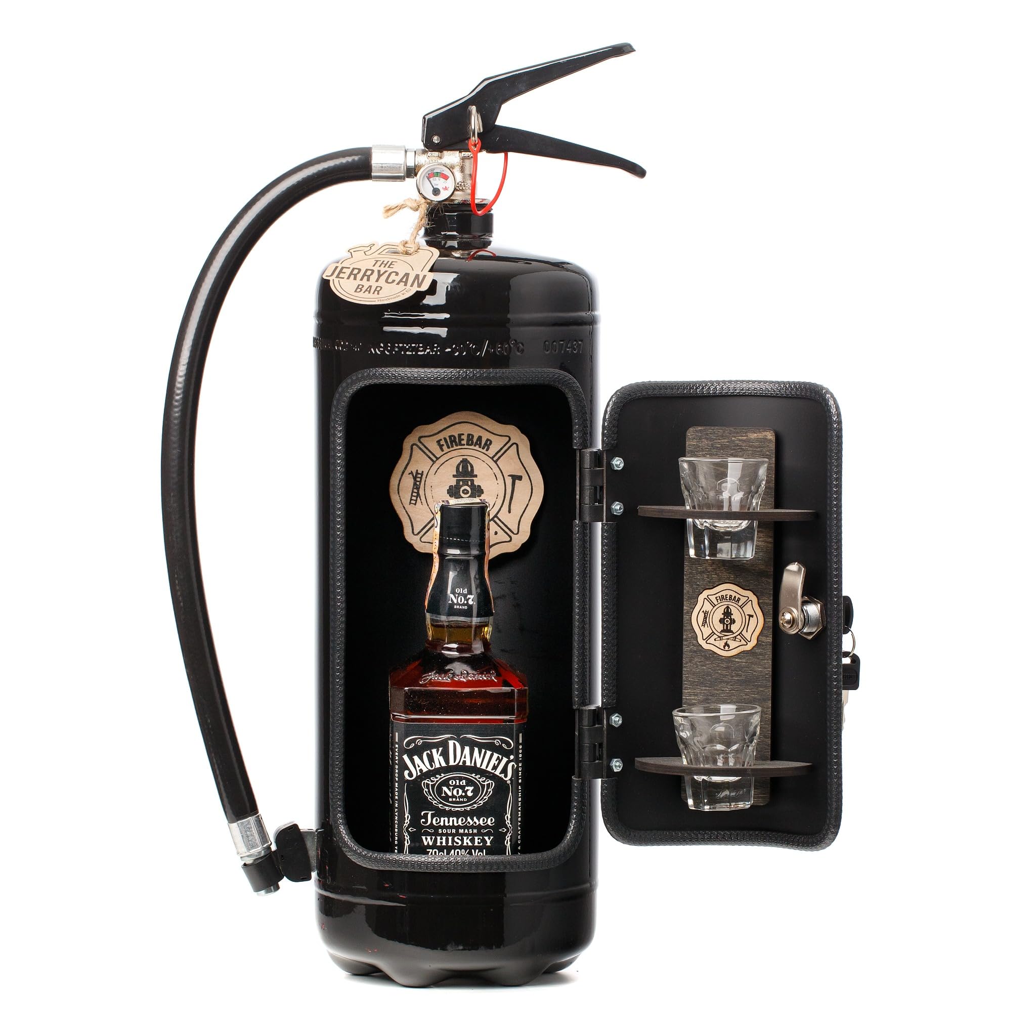 Die Firebar in schwarz glänzend/Die ultimative Minibar für echte Rocker und coole Typen! Männerhandtasche aus einem echten Feuerlöscher gefertigt. Edel, cool und einzigartig!
