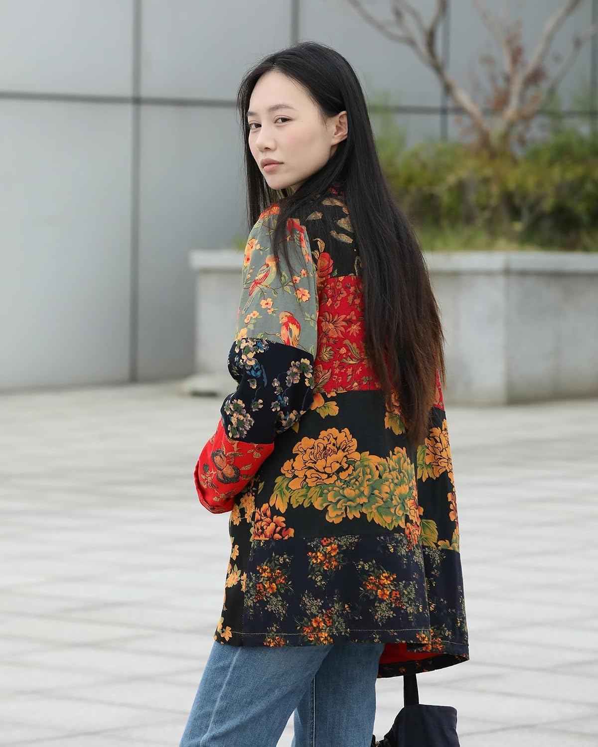 Womens Blazers Casual Open Front Long Sleeve Floral Jackets with Patchwork Color Block & Pockets