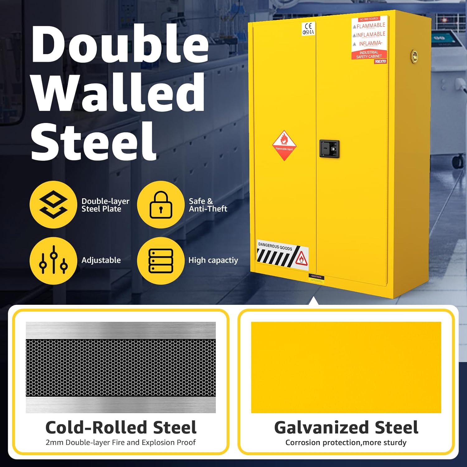 60 Gallon Flammable Storage Cabinet 65 x 43 x 18in, Galvanized Steel Flammable Liquid Storage Cabinet, Adjustable Shelves (60 Gallon Yellow)