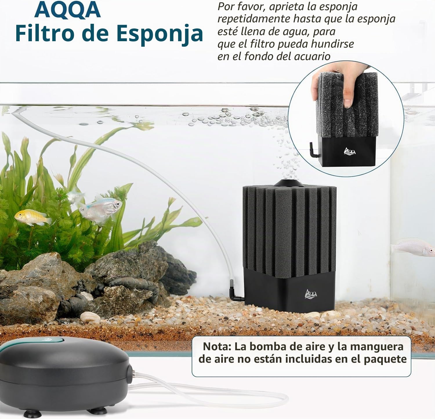 AQQA Filtro de esponja para acuario, filtro silencioso para filtro biológico y mecánico, filtro interior de acuario con material filtrante