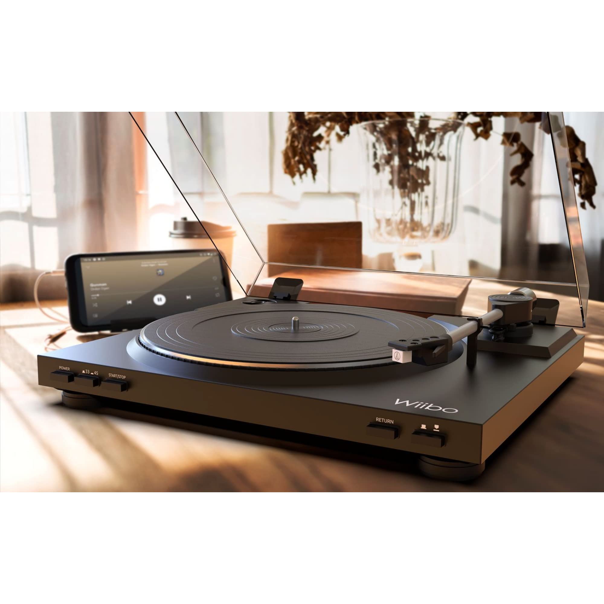 Wiibo Lyra 100 - Tocadiscos de Vinilo Previo Phono y Cápsula Audio Technica - Giradiscos Conexión USB y RCA - Reproducción Analógica y Conversión Digital MP3 - Selección de Velocidades 33/45 RPM