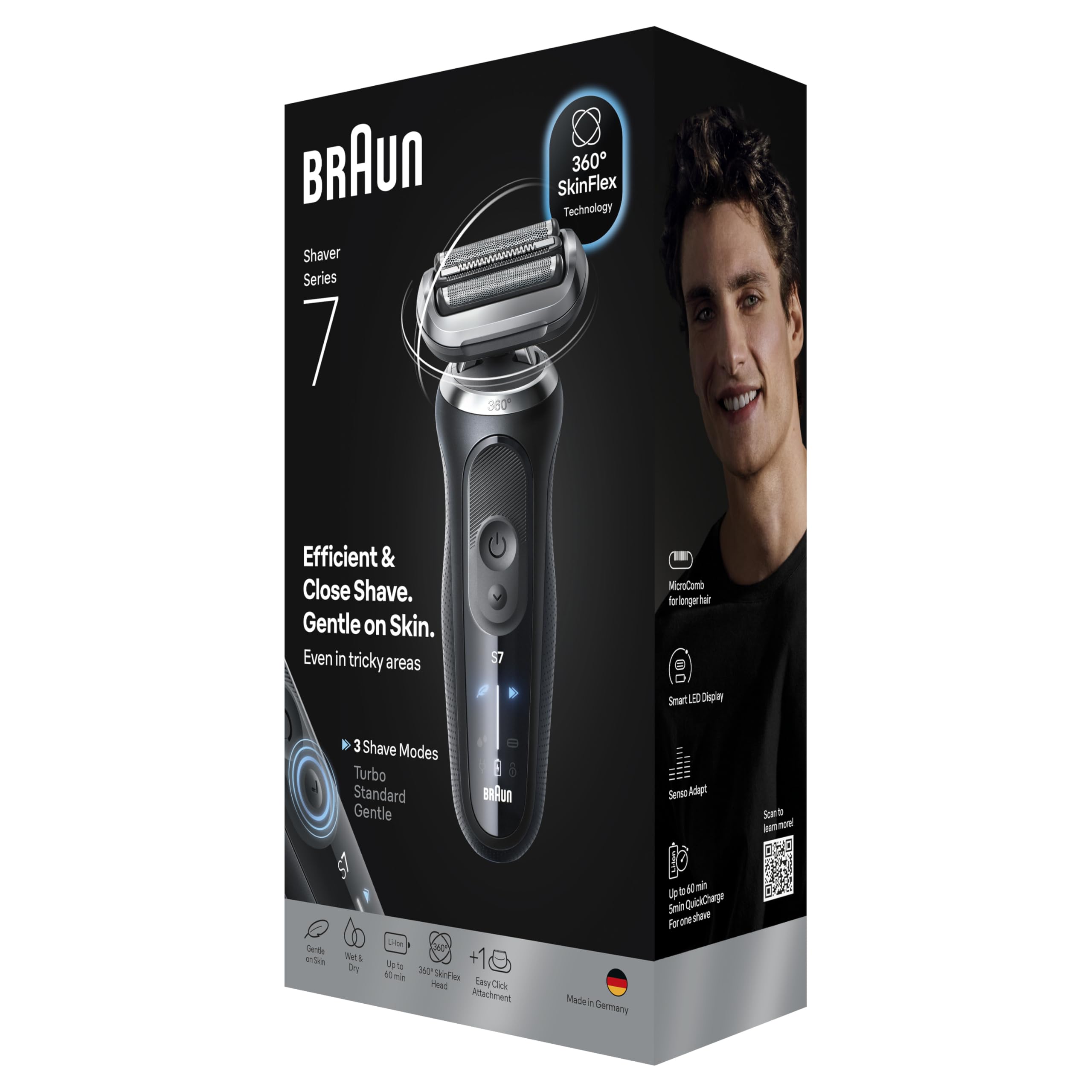 Braun Series 7 Afeitadora Eléctrica Hombre, 72-N4200S, Negro - Máquina de Afeitar Resistente al Agua, 3 Modos, Recargable, 60 Min de Uso, Recortadora de Precisión, Base de Carga, Estuche de Viaje