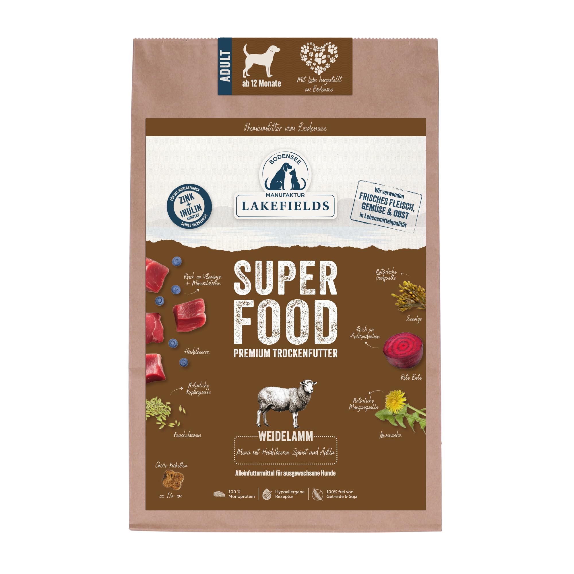 LAKEFIELDS MANUFAKTUR - SUPER Food - sucha karma dla psów premium, jagnięcina 61%, sucha karma bezzbożowa dla dorosłych psów, uniwersalna karma z mięsem jagnięcym, szpinakiem i nasionami konopi, 4 x