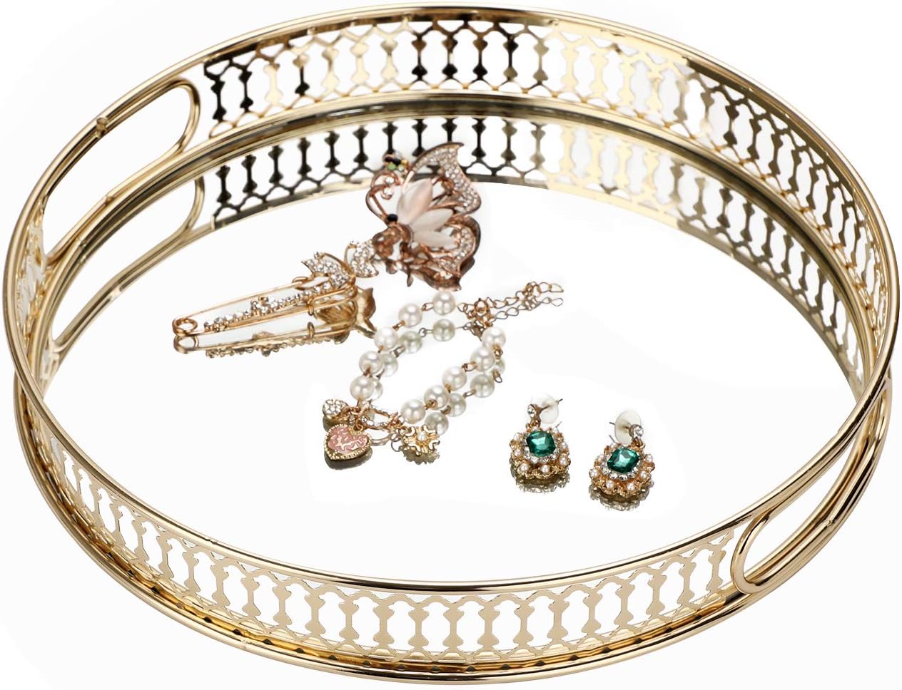 Hipiwe Mirror Vanity Tray Round Metal Makeup Tray Jewelry