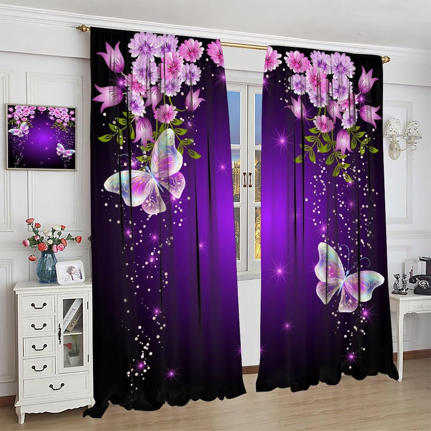 Purple Butterfly Curtains,Modern Fantasy Style Semi Blackout Window Treatments for Girls Bedroom Living Room Pink Flower Home Décor Drapes 2 Panels Total Size 63 x 63 Inch