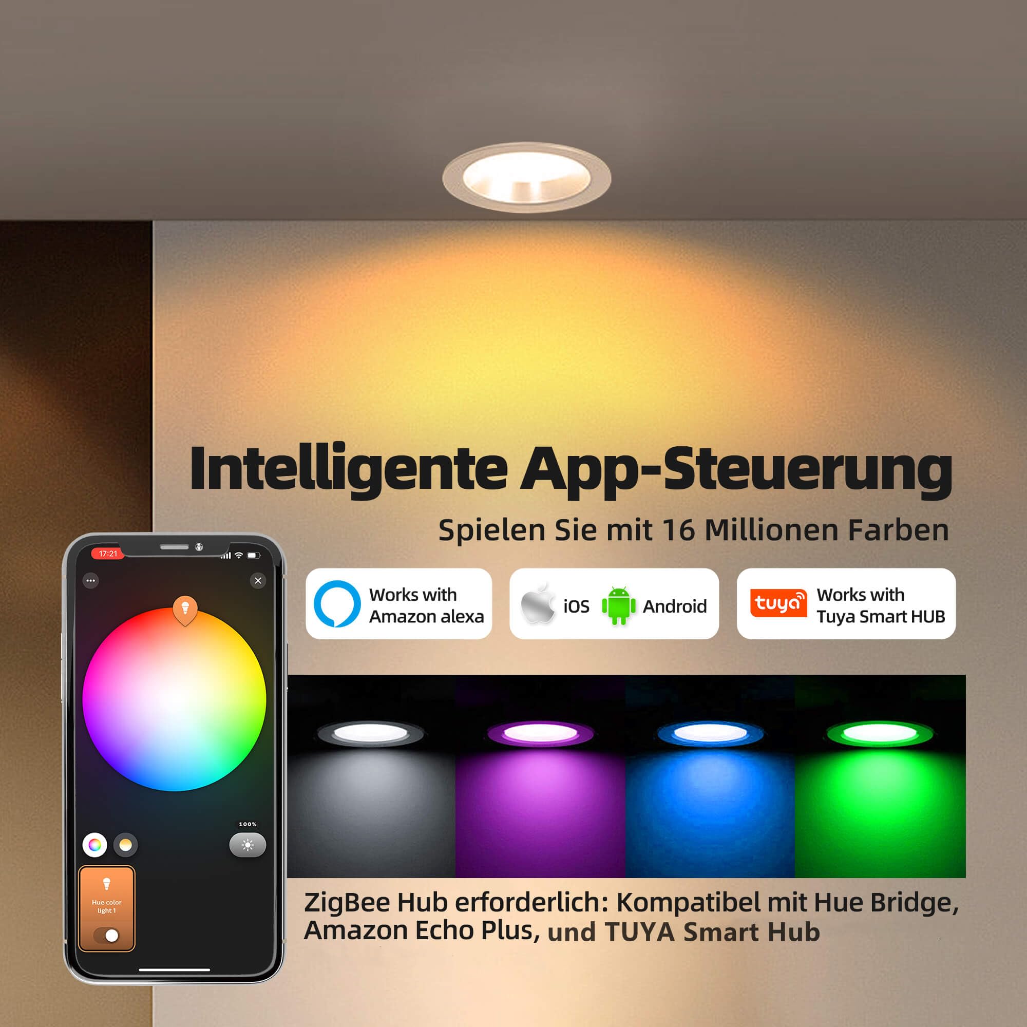 Smart ZigBee LED Einbaustrahler,Dimmbare RGB Warm Kaltweiß Einbauleuchten