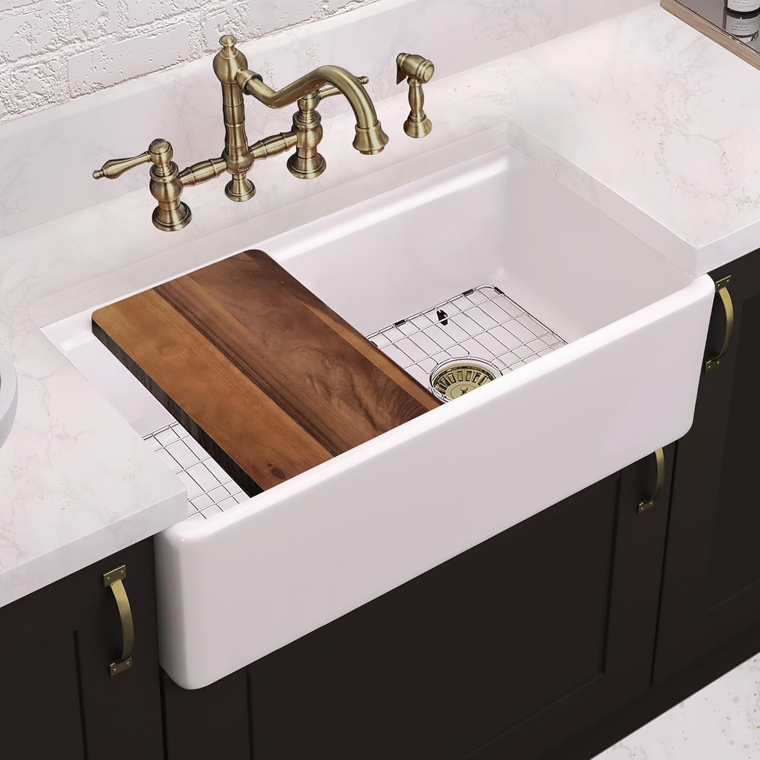 Whitehaus Collection 33" Reversible Single Bowl Fireclay Sink Set with a Smooth Front Apron, Walnut Wood Cutting Board and Stainless Steel Grid
