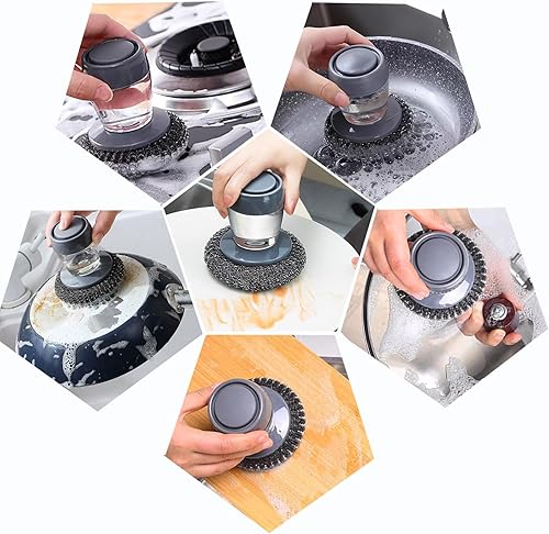 Miniatura 4 de Cepillo dispensador de jabón de acero de palma para limpieza de fregadero, vajilla y fregadero, con bolas de repuesto, un juego y bandeja de