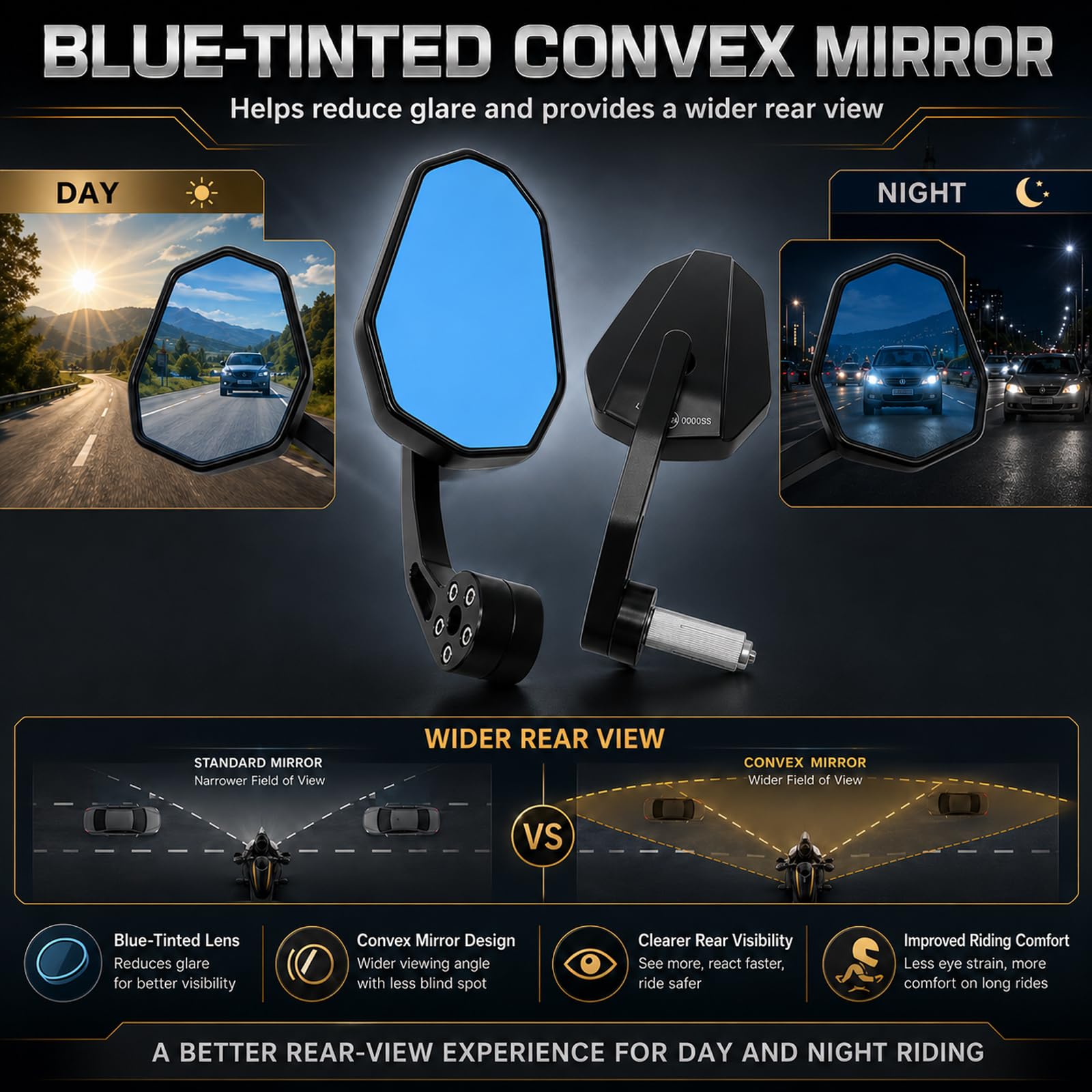 Anti-Glare Bleu Retroviseur Moto Embout de Guidon avec E24 Homologué | Retroviseur Moto Embout Latéraux Moto Universel 7/8“ 22mm Ensemble,Aluminium,pour Scooter Motos Quad ATV Bar End