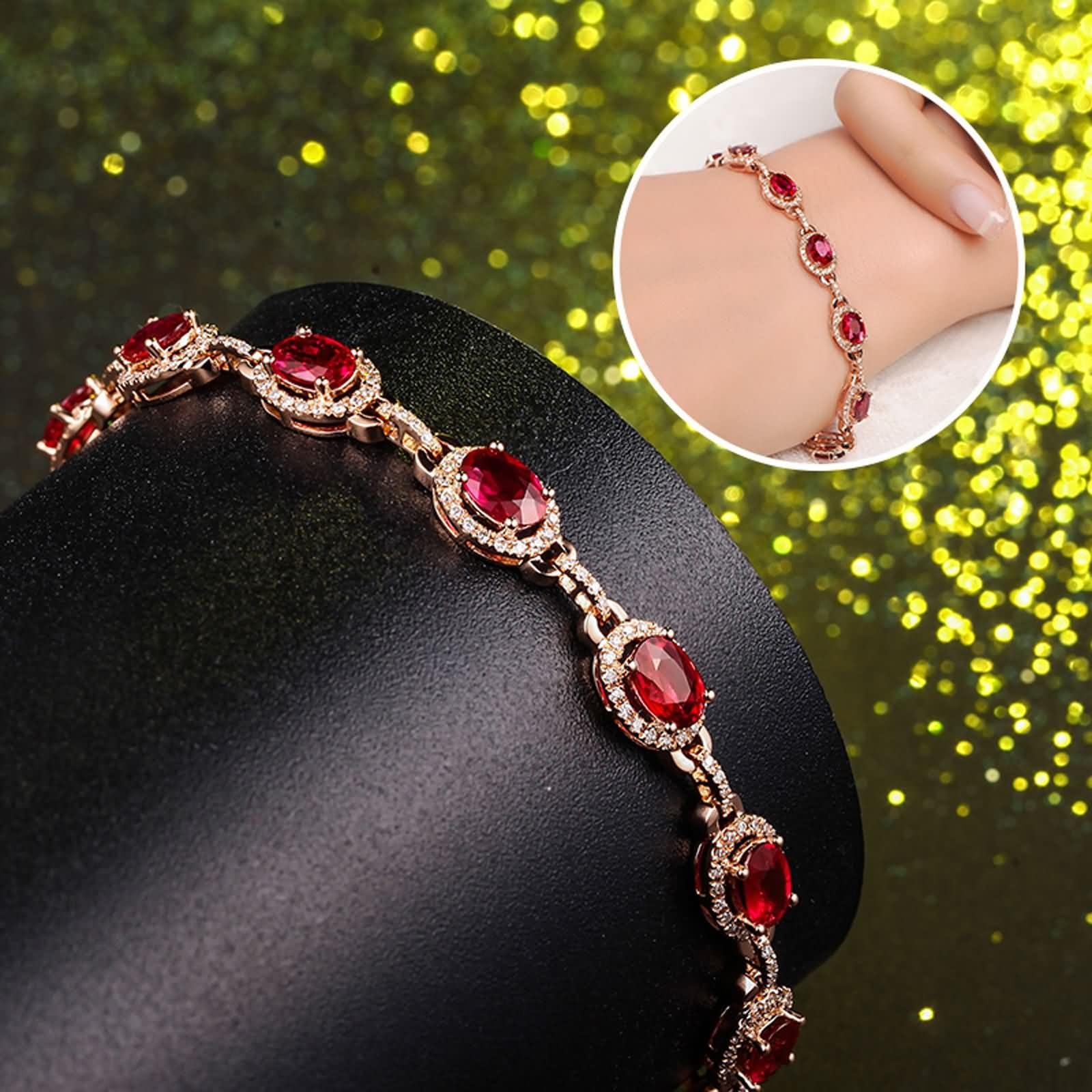 Pulseras Oro Rosa 9K / 14K / 18K Mujer, Oval con Rubí de 2,75 ct y Diamante, Cadena Extensible 16 CM + 5 CM, Pulseras Oro Rosa Ajustable Mujer