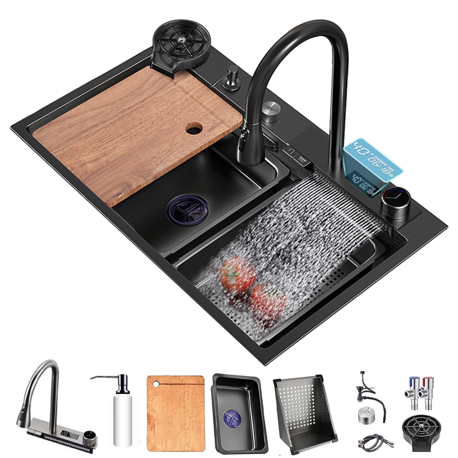 Large Stainless Steel 304 Kitchen Sink with Pull-Down Faucet Drain Filter & Accessories Single Bowl Cascade Design Black Grey (75x45x22cm)