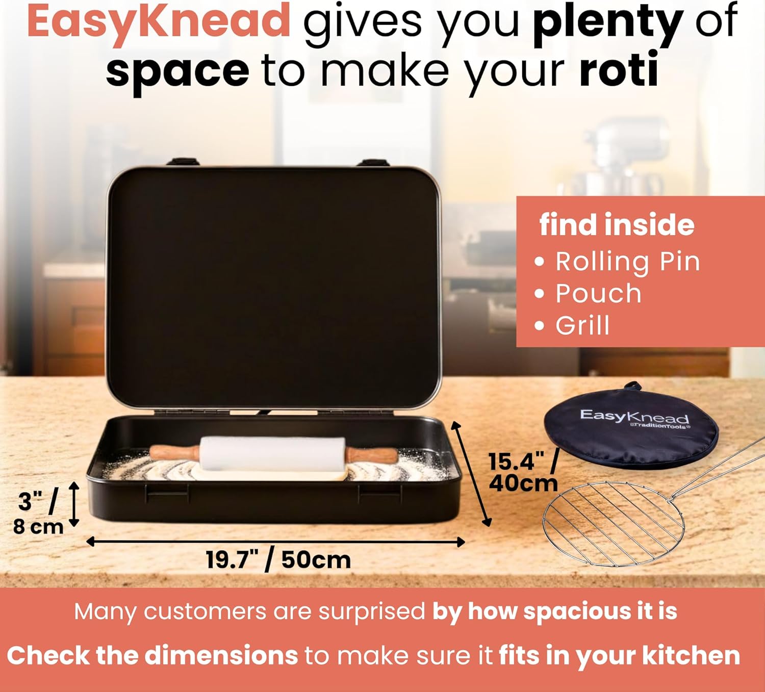 EasyKnead Roti Box with Lid and Rolling Pin and Roti Pouch and Roti Grill – Rotibox for Rolling Roti - Roti Making Box for Chapati, Paratha, Puri – Non-Slip Kneading Board Rotibox