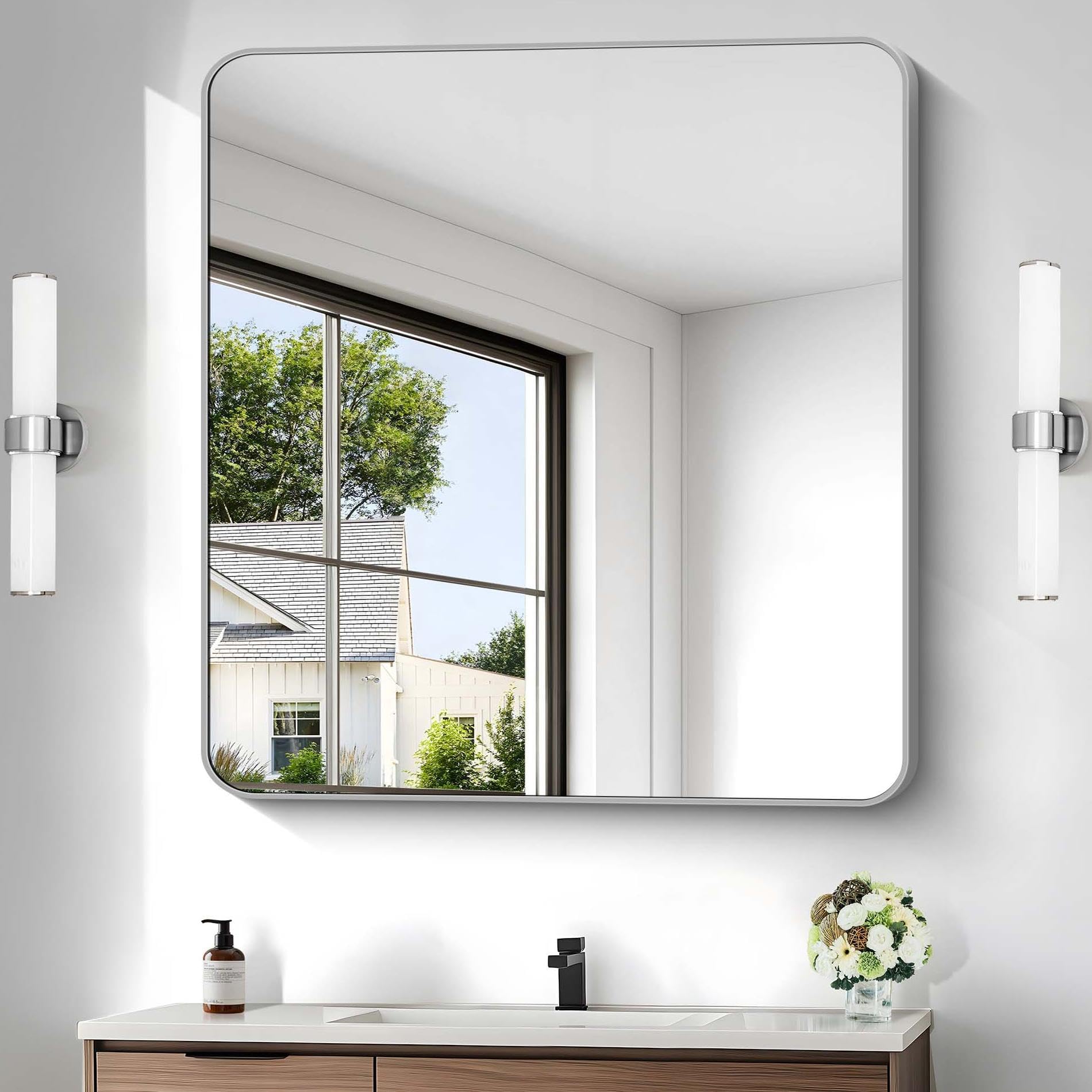 Silver Bathroom Mirror, 42 x 42 Inch Silver Square Mirror, Metal Framed Rectangular Vanity Mirror, Rounded Corner Wall Mounted Mirror for Living Room Bedroom Entryway Hangs Horizontal/Vertical
