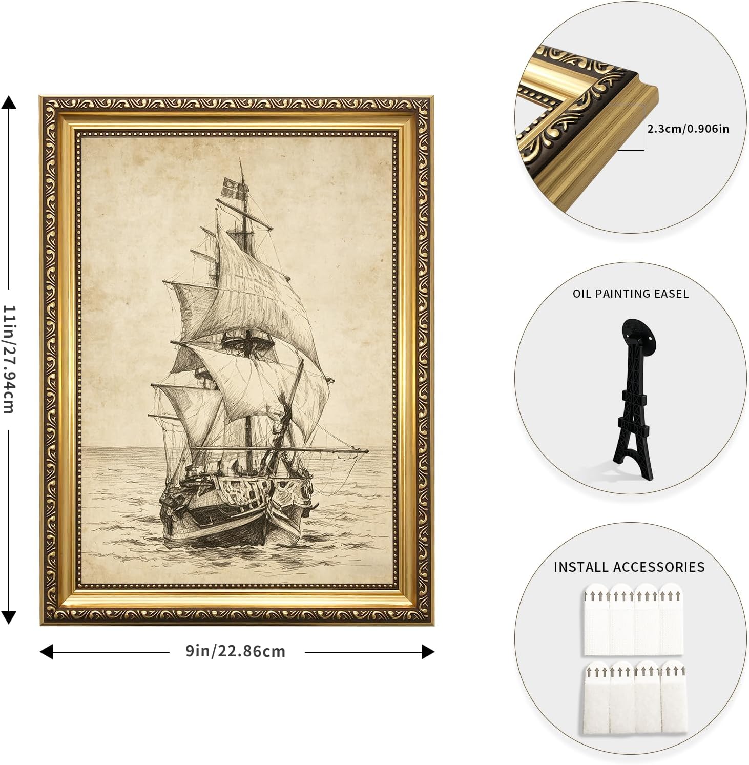 HTNDSIEHA Vintage Sailboat Wall Art, Gold Frame Nautical Canvas Decor with Ocean Ship Painting, Coastal Maritime Artwork for Living Room, Bedroom, Office, Rustic Beach House Style, 9x11 Inch