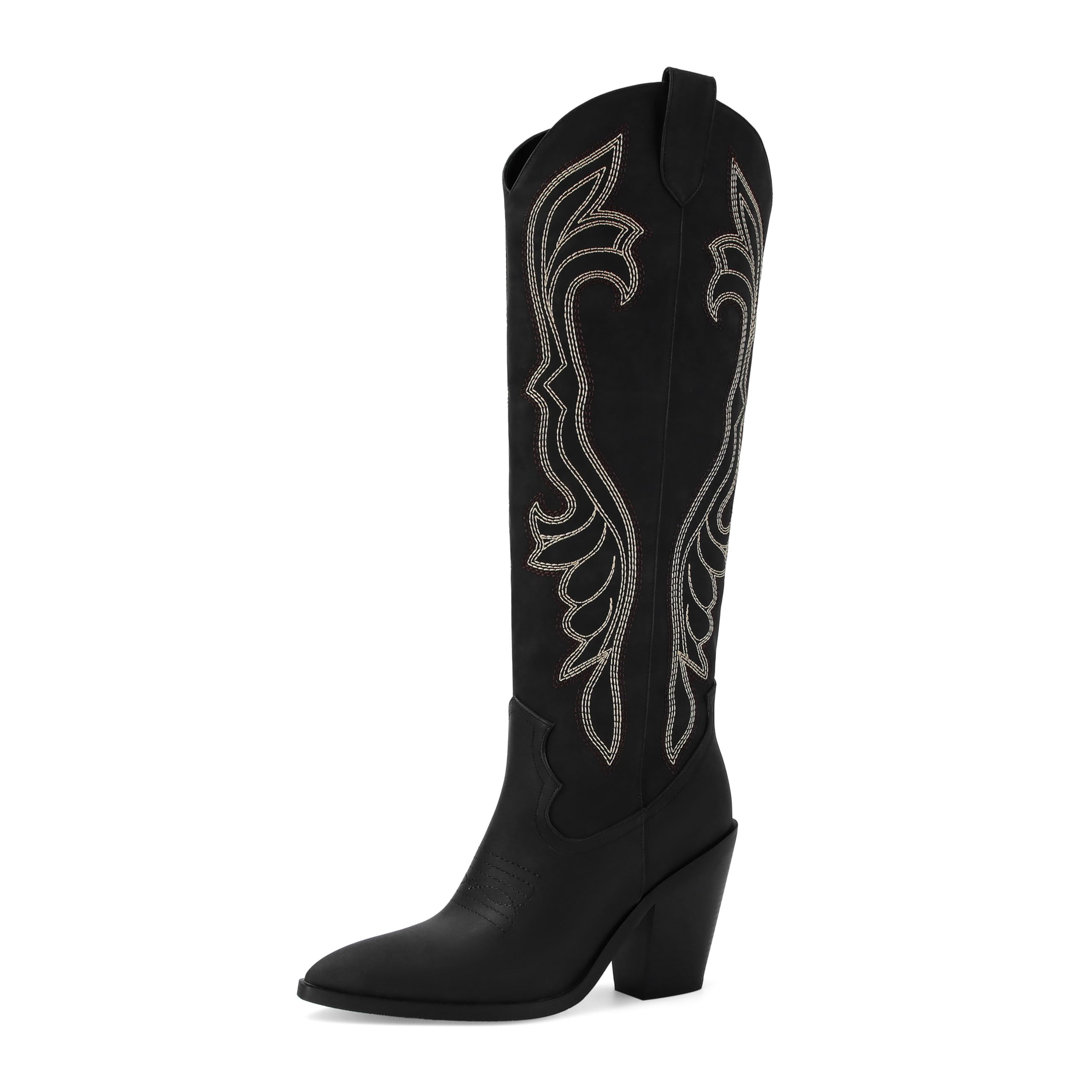 STALOV Cowboy Boots for Women Western Pointed Toe Chunky Heel Pull-On Knee High Cowgirl Boots Fashion Embroidered Tall