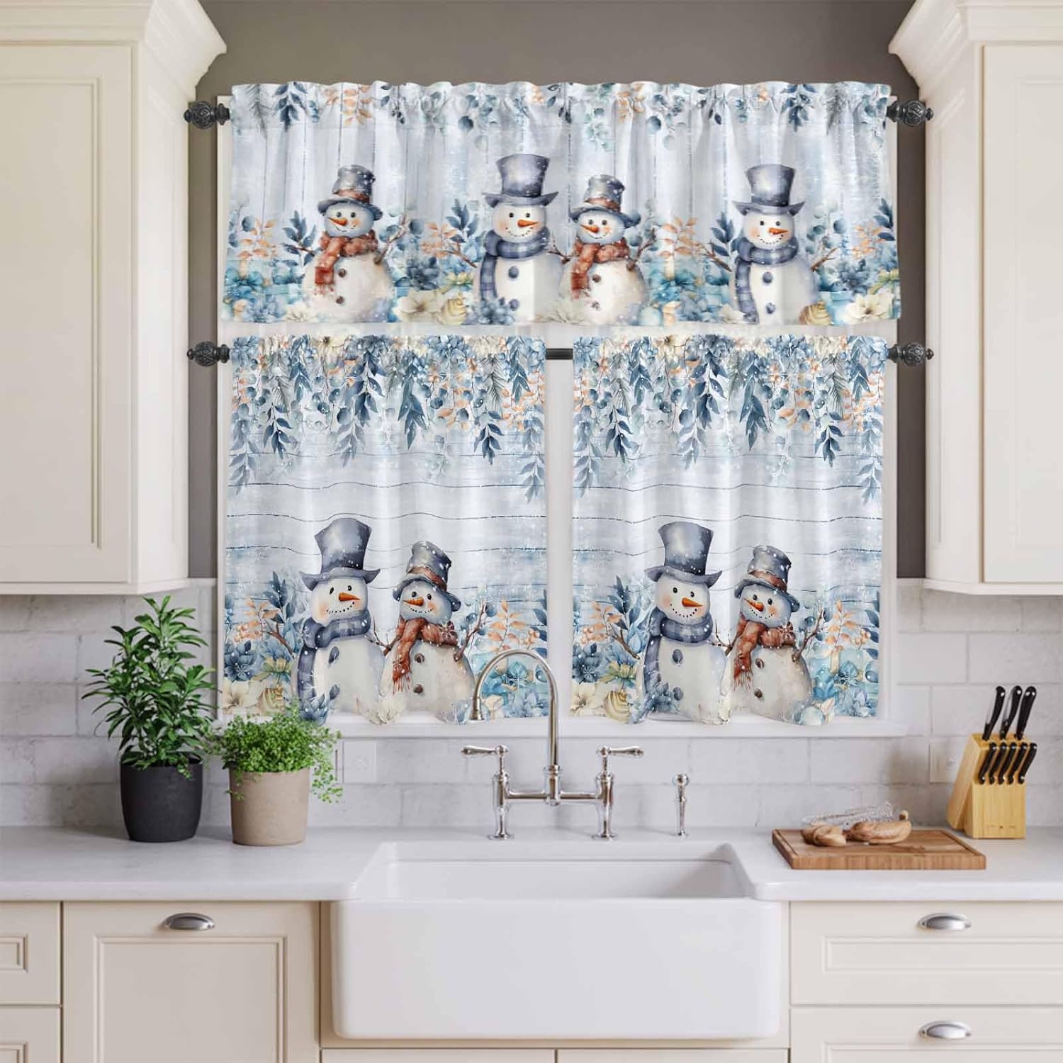 Blue Snowman Christmas Kitchen Curtains Set - Short Half Curtains 24 Inches Length, Xmas Floral Botanical Tier and Valance Set, Winter Snowflake Window Treatment Draperies for Bedroom