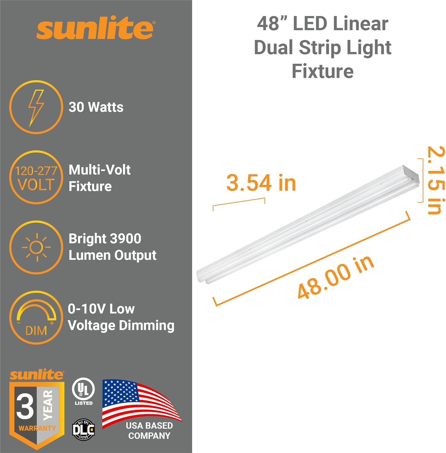 Sunlite 48-Inch LED Linear Dual Strip Light Fixture highlighting 30 Watts, 120-277 Volt, 3900 Lumen Output, and 0-10V Dimming