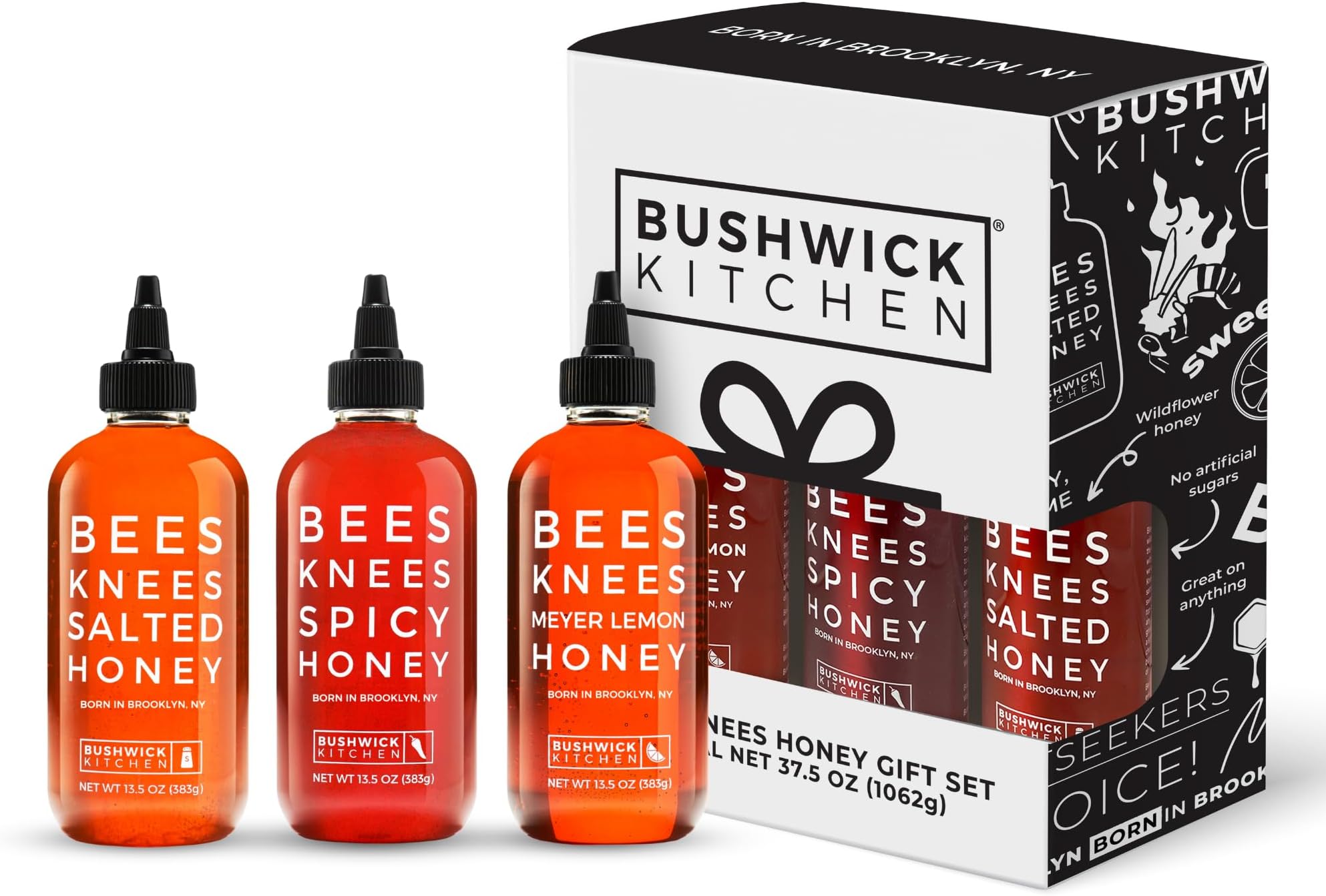 Bees Knees Honey Sampler Gift Box, Set Includes Spicy Honey, Meyer Lemon Honey, Salted Honey Sauces, Honey Inspired Recipes, Bushwick Kitchen Tea Towel, and Ready-to-Gift Box