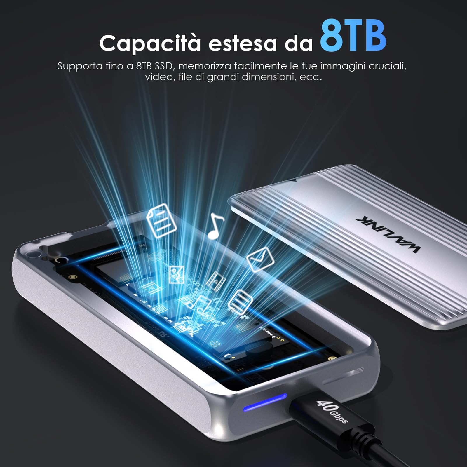 WAVLINK Case SSD M.2 NVMe 40Gbps con Ventola di Raffreddamento, Enclosure NVMe USB4 compatibile con Thunderbolt 4 fino a 3848 MB/s, supporta SSD di dimensioni 2230/2242/2260/2280 B+M/M-Key