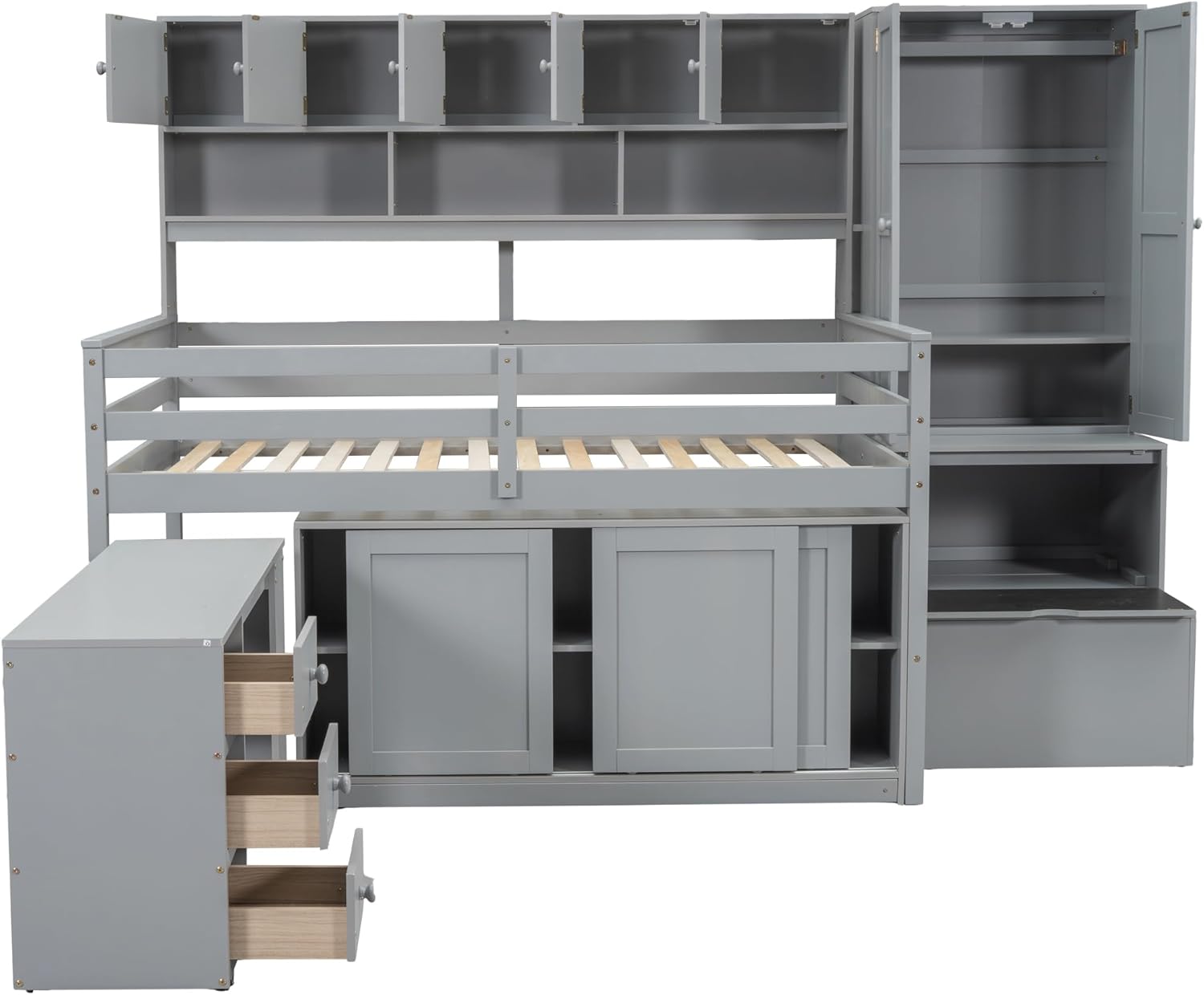 Harper & Bright Designs Full Size Loft Bed with Wardrobe, Wooden Full Loft Bed Frame Big Storage with Under-Bed Desk, Drawers and Shelves, Gray