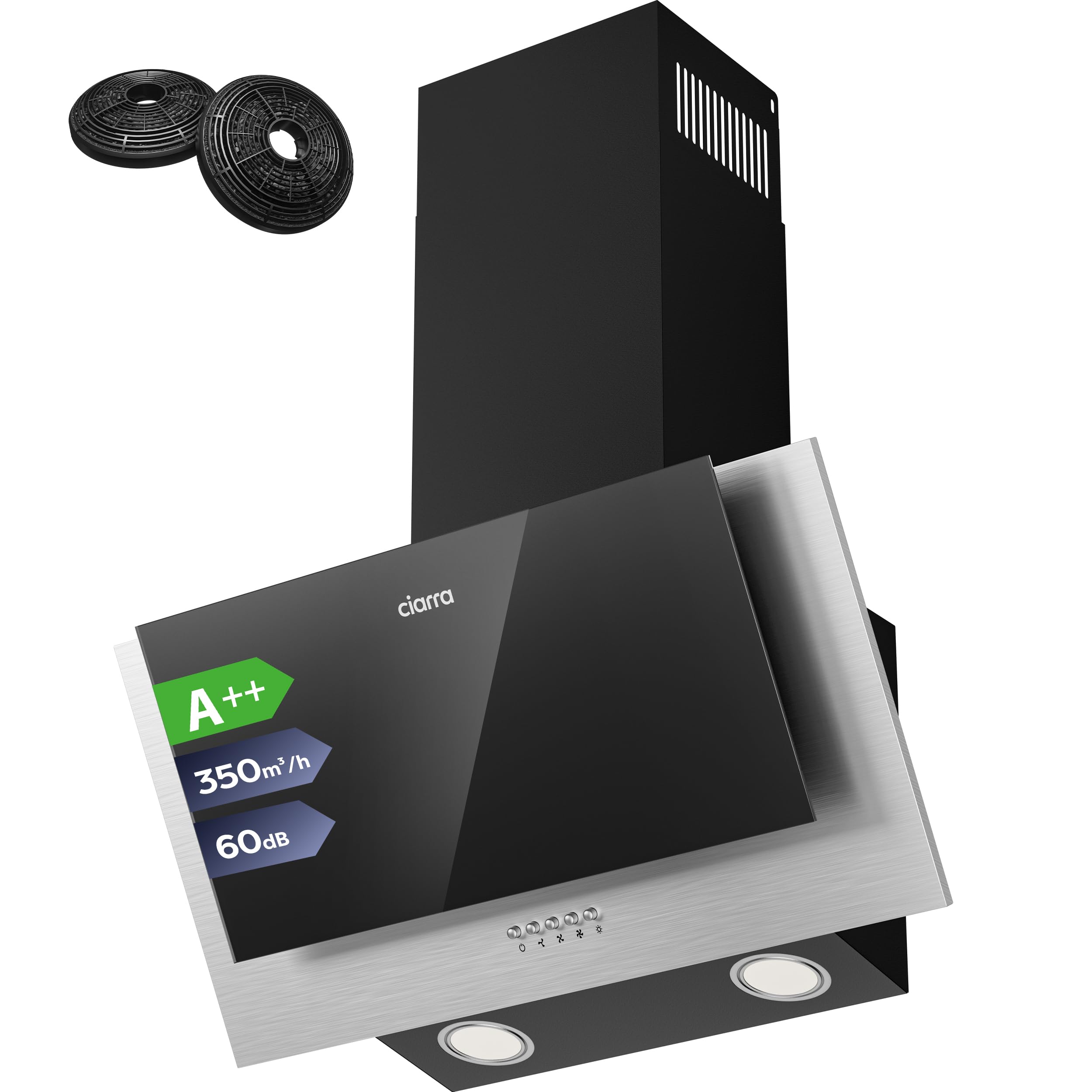 CIARRA CBCB6736C A++ Dunstabzugshaube 60 cm Umluft Kopffreie Schräghaube 350 m³/h mit CBCF002X2 Aktivkohlefilter Abluft 3 Stufen Wandmontage Wandhauben Abzugshaube Schwarz