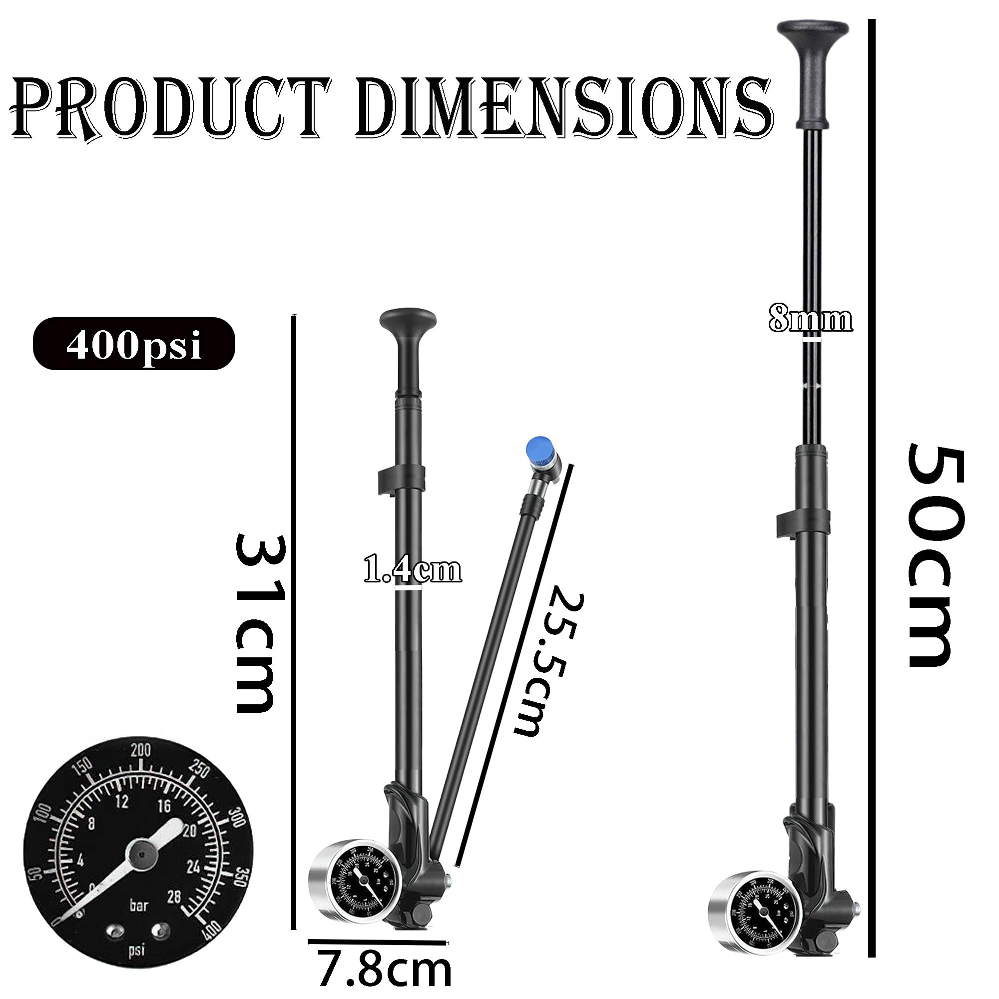 400 Psi Pompe à Amortisseur Haute Pression, Pompe à Choc Haute Pression avec Manomètre Et Bouton De Purge, Pompe De Choc pour Fourche Et Suspension Arrière, Mini Pompe Portable, Noir