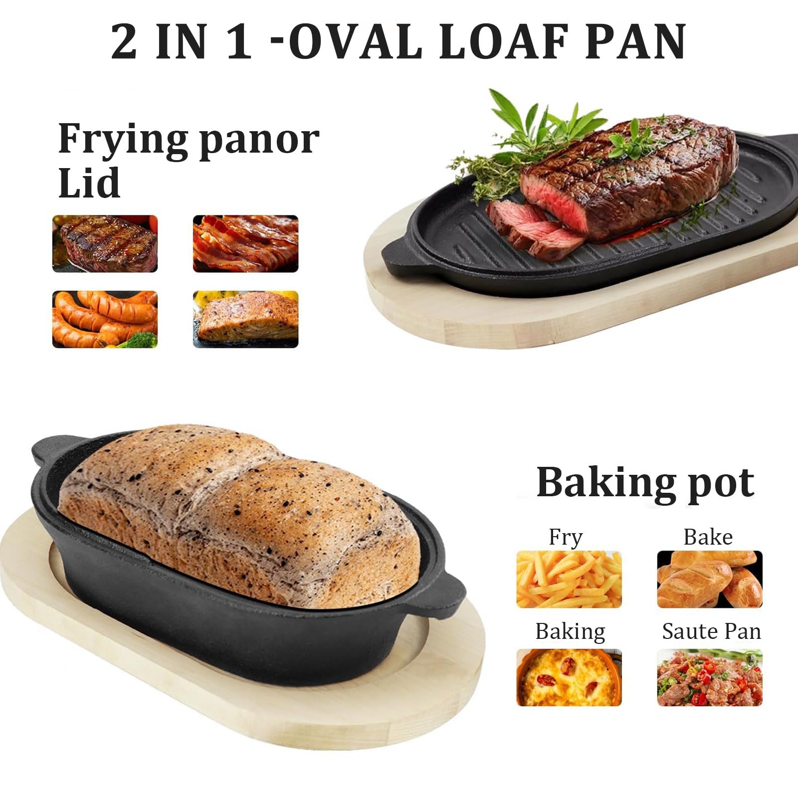 Pentola 2 in 1 in ghisa olandese, ovale 28 cm, grande padella in ghisa per cuocere il pane, pane e forno in ghisa con coperchio per cuocere a vapore, grigliare, zuppe, tostare, forno