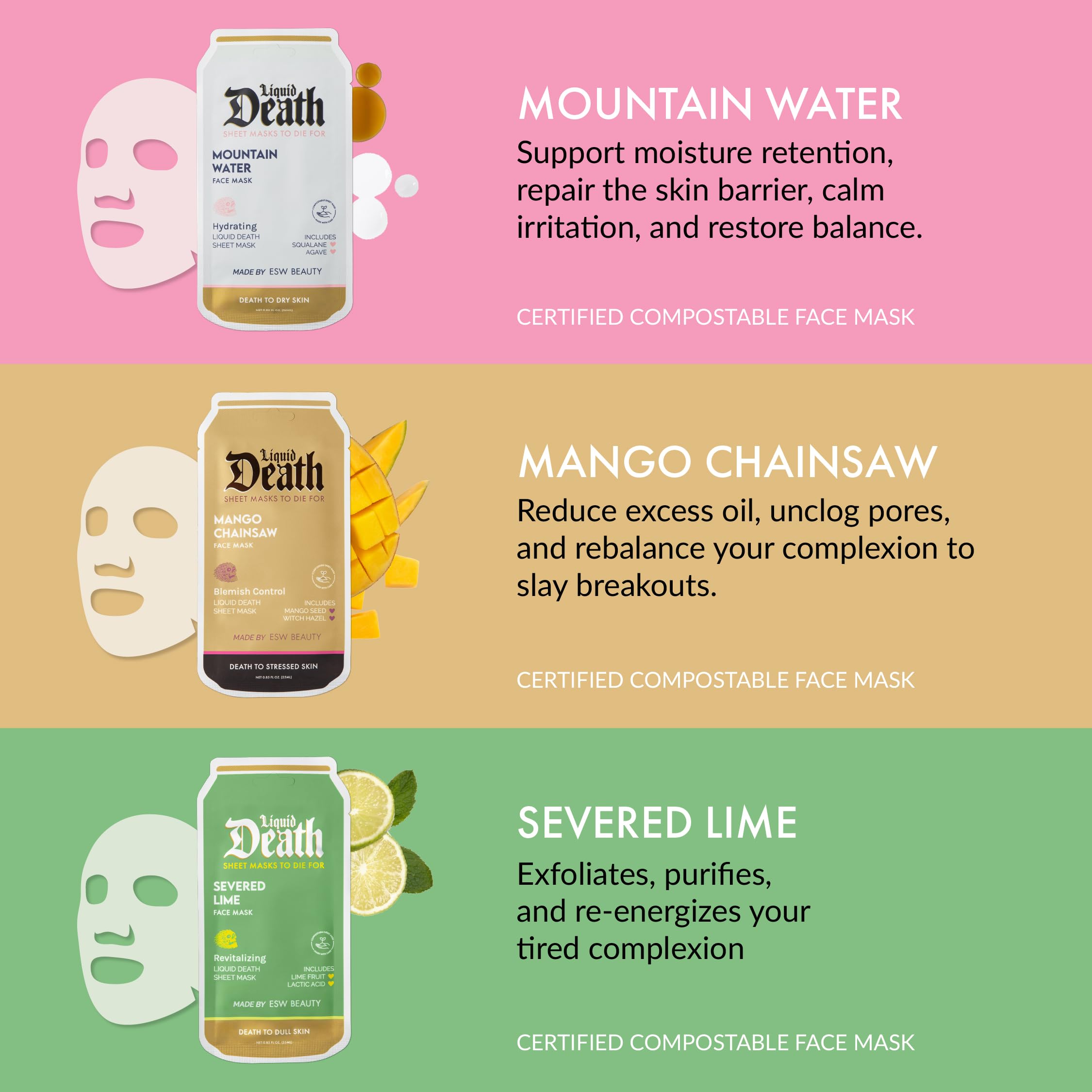 ESW Beauty Liquid Death x Limited Edition Face Mask Set (3-Pack) - Hydrating, Revitalizing & Cleansing Skin - Includes Mountain Water, Severed Lime & Mango Chainsaw