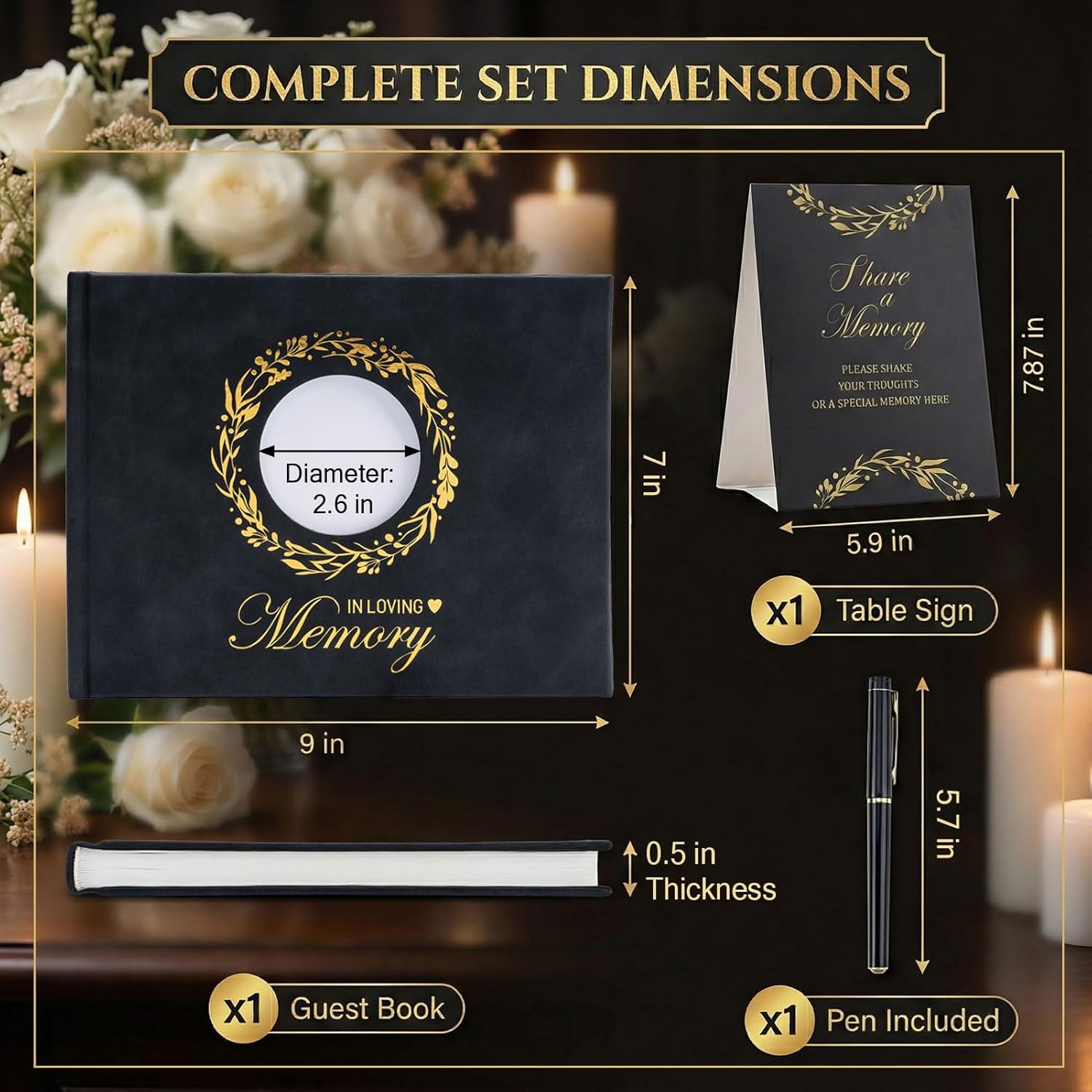ArtSocket Funeral Guest Book for Memorial Black Leather with Gold Foil Memorial Service GuestBook for Funerals Elegant Celebration of Life and Loving Memorial Complete with Pen and Table Sign