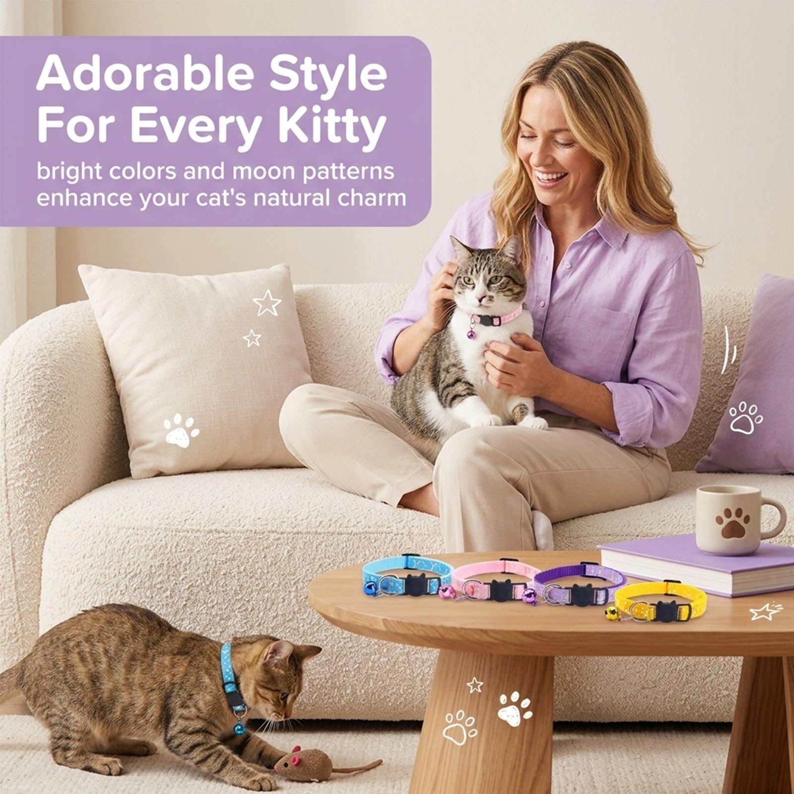 4 Pezzi Collare Gatto Antistrozzo con Campanellino e Fibbia di Sicurezza Regolabile Collare per Gatti e Gattini con Motivo a Cartone Animato Collarino Gatto Set