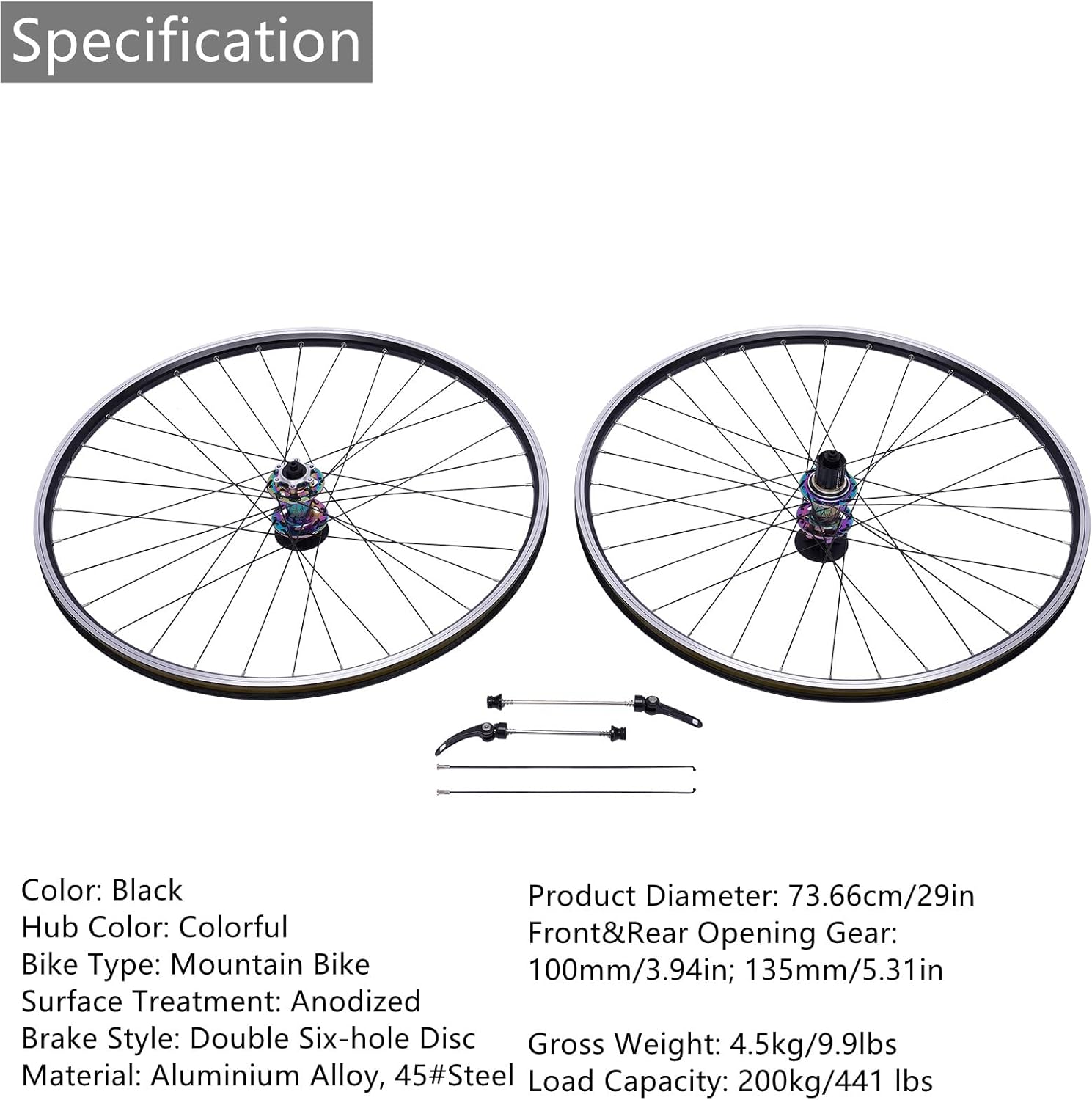 Mountain Bike Wheel Bicycle Set Front+ Rear 29 Inch with Release Lever&2 Spokes&Double Six-Hole Disc for 7, 8, 9, 10, 11,12s Cassettes Wheelset,Load Capacity 441 lbs(Black)