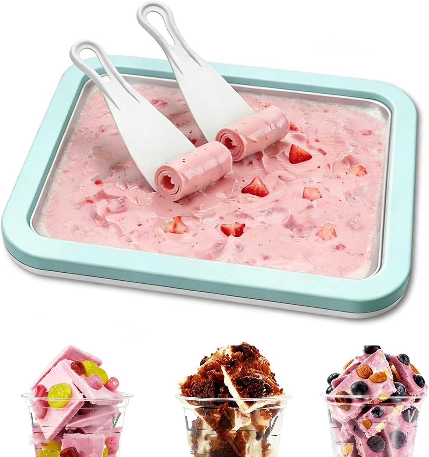 Instant Ice Cream Maker, Rolled Ice Cream Maker with 2 Spatulas Homemade DIY Frozen Yogurt for Fun Parent-Child Activities Families (Mint Green)