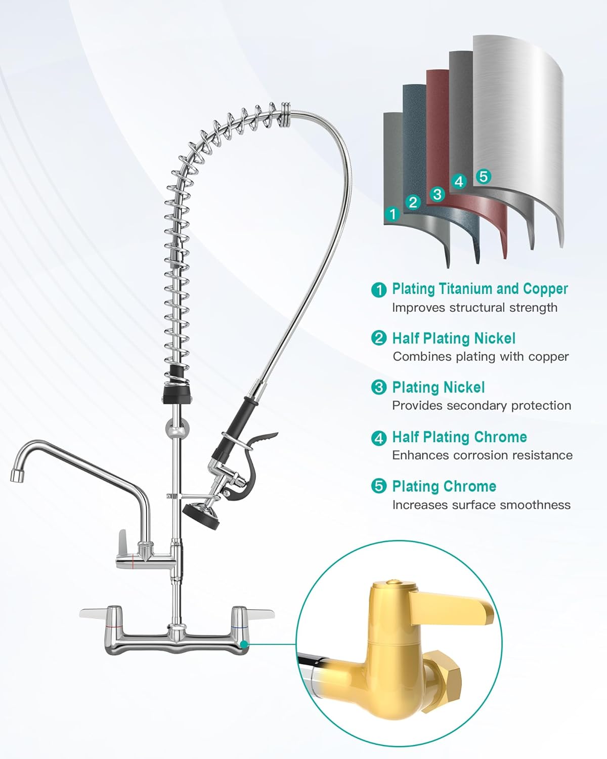 Commercial Faucet with Sprayer Wall Mount : Rnatflu 8 inch Center Commercial Sink Faucet for Restaurant Industrial Kitchen- Height Adjustable (33-42 inch) 3 Compartment Sink (Black Sprayer) - Image 7