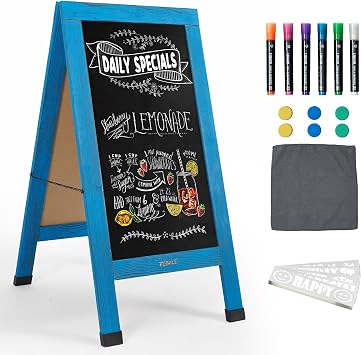 Large Sandwich A-Frame Chalkboard Sign - 40 x 20 Inches Blue Magnetic Wooden Chalk Board for Sidewalk, Stand up Double-Sided Outdoor Easel Display for Restaurant Cafe Shop Wedding Party or Business