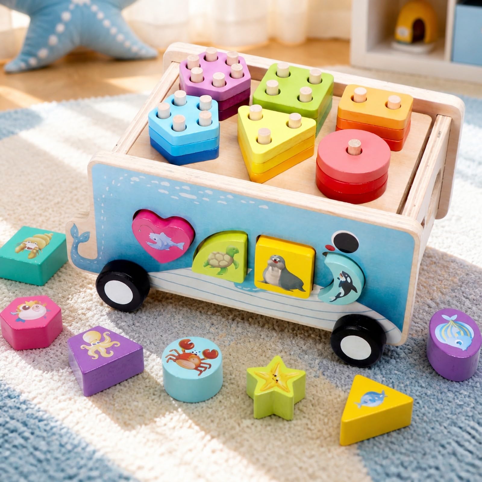 Qianly Carretto Didattico con Forme Geometriche Educativo Carretto con Blocchi di Forme Prescolare Giocattolo di Legno Blocchi Rimovibili per Area Giochi, Lancio Anello