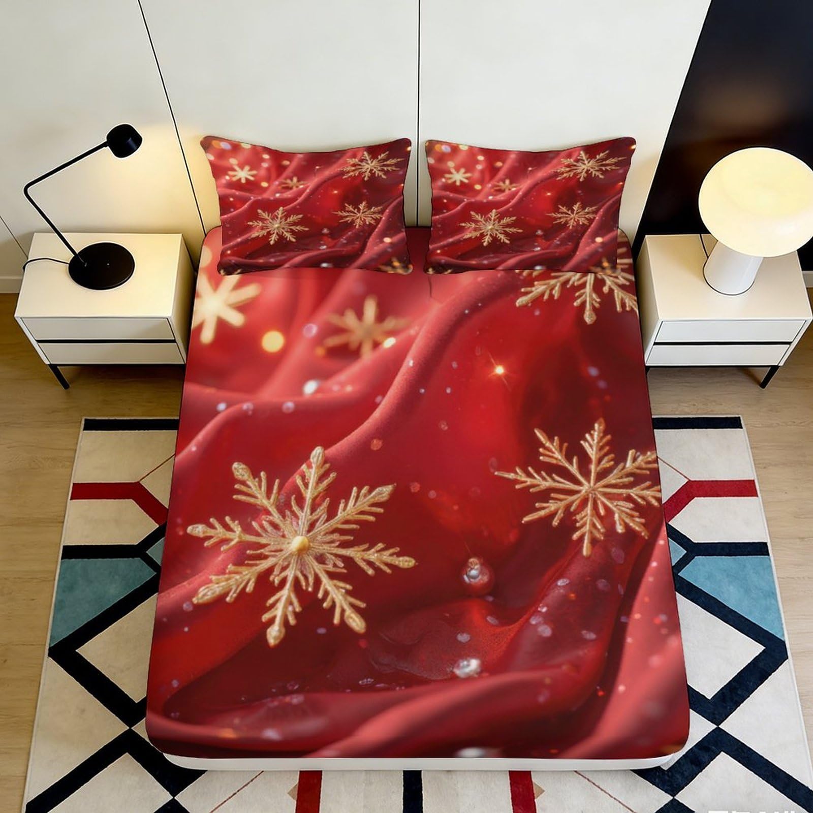 Uynsixtme Style-1 3D Printed Snowflake Fitted Sheet Microfiber Deep Pocket Bedroom Bedding Christmas Snowflake Mattress Fitted Cover Non-Slip Washable 140X200x25cm