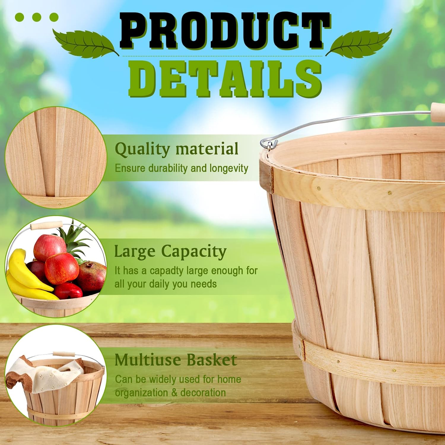 6 Pack 11 x 6.7'' Large Round Wooden Baskets with Handles, Handmade Wood Basket, Bushel Baskets, Farmers Market Baskets, Apple Baskets, Wooden Baskets for Indoors Outside Personal or Commercial Use